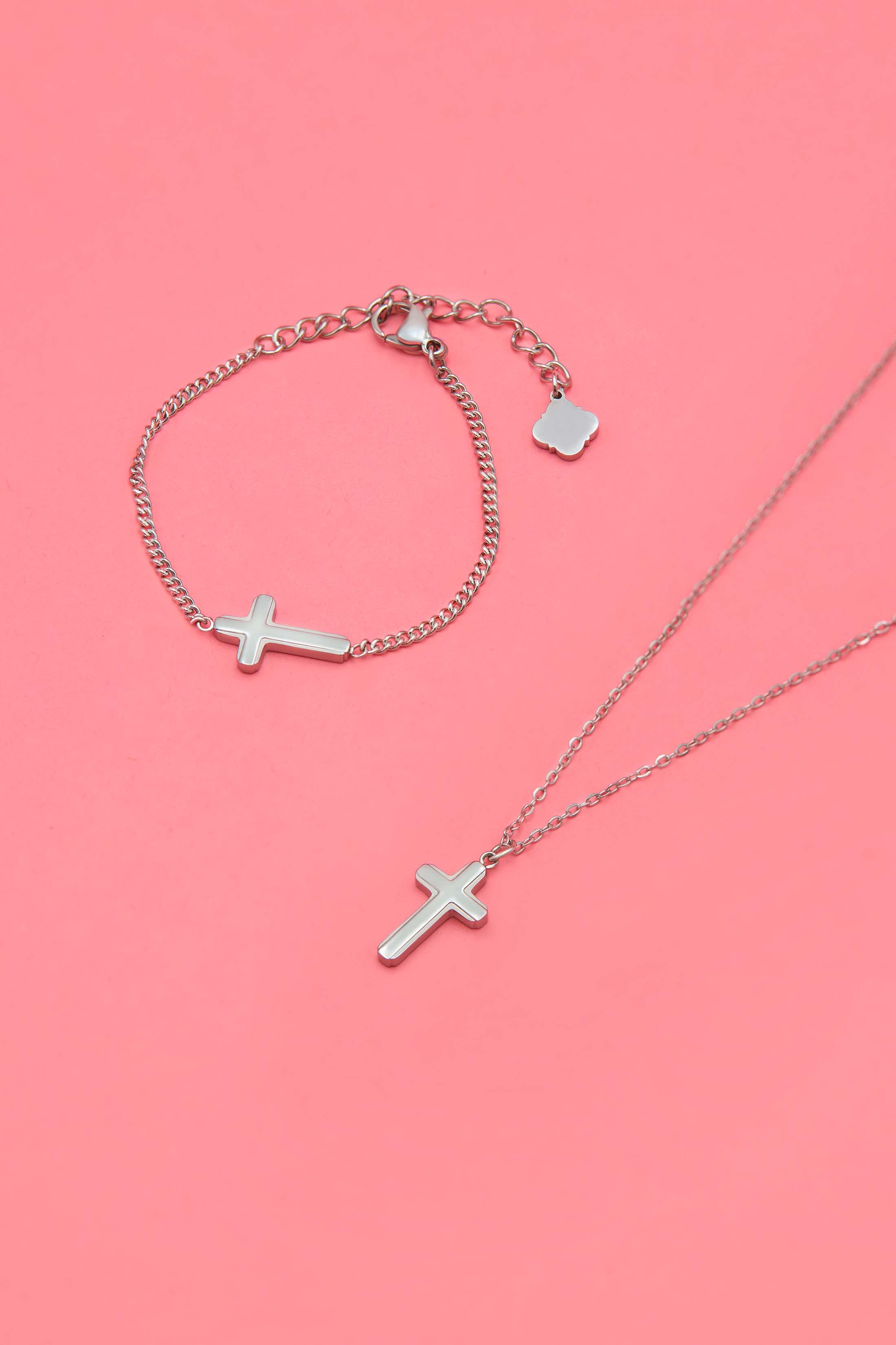 Cross Silver Necklace & Bracelet Gift Set