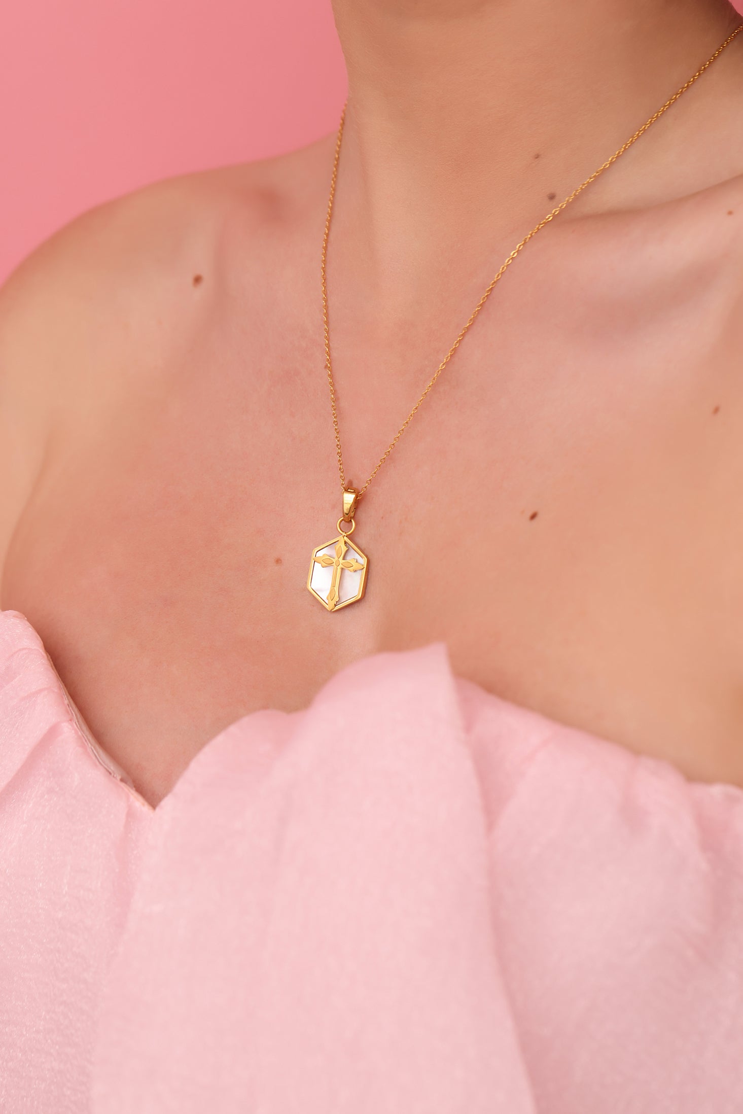 Hexagon Mother of Pearl Cross Pendant