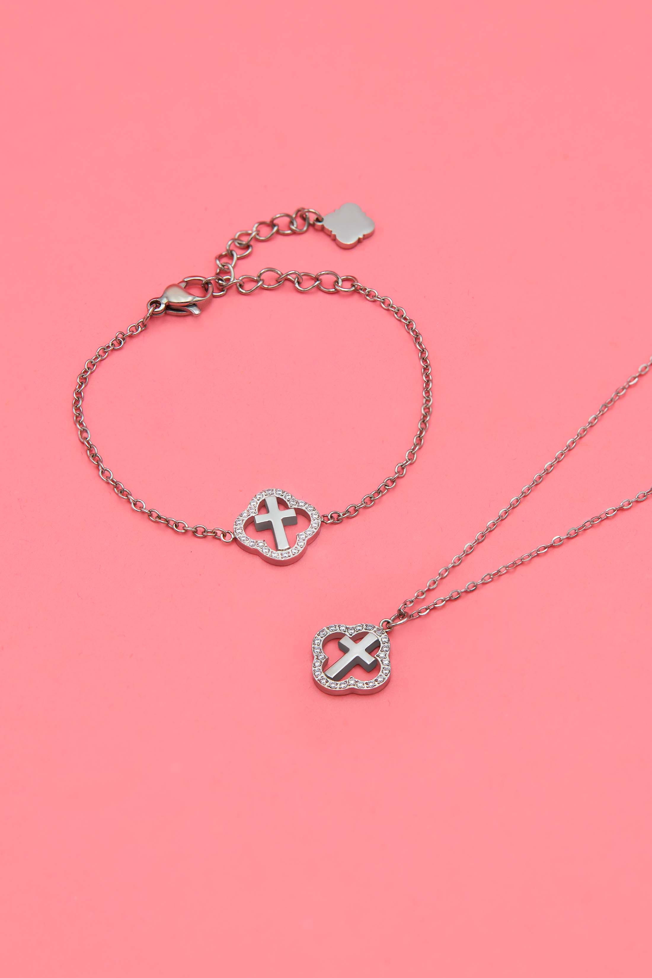 Halo Cross Silver Necklace & Bracelet Gift Set