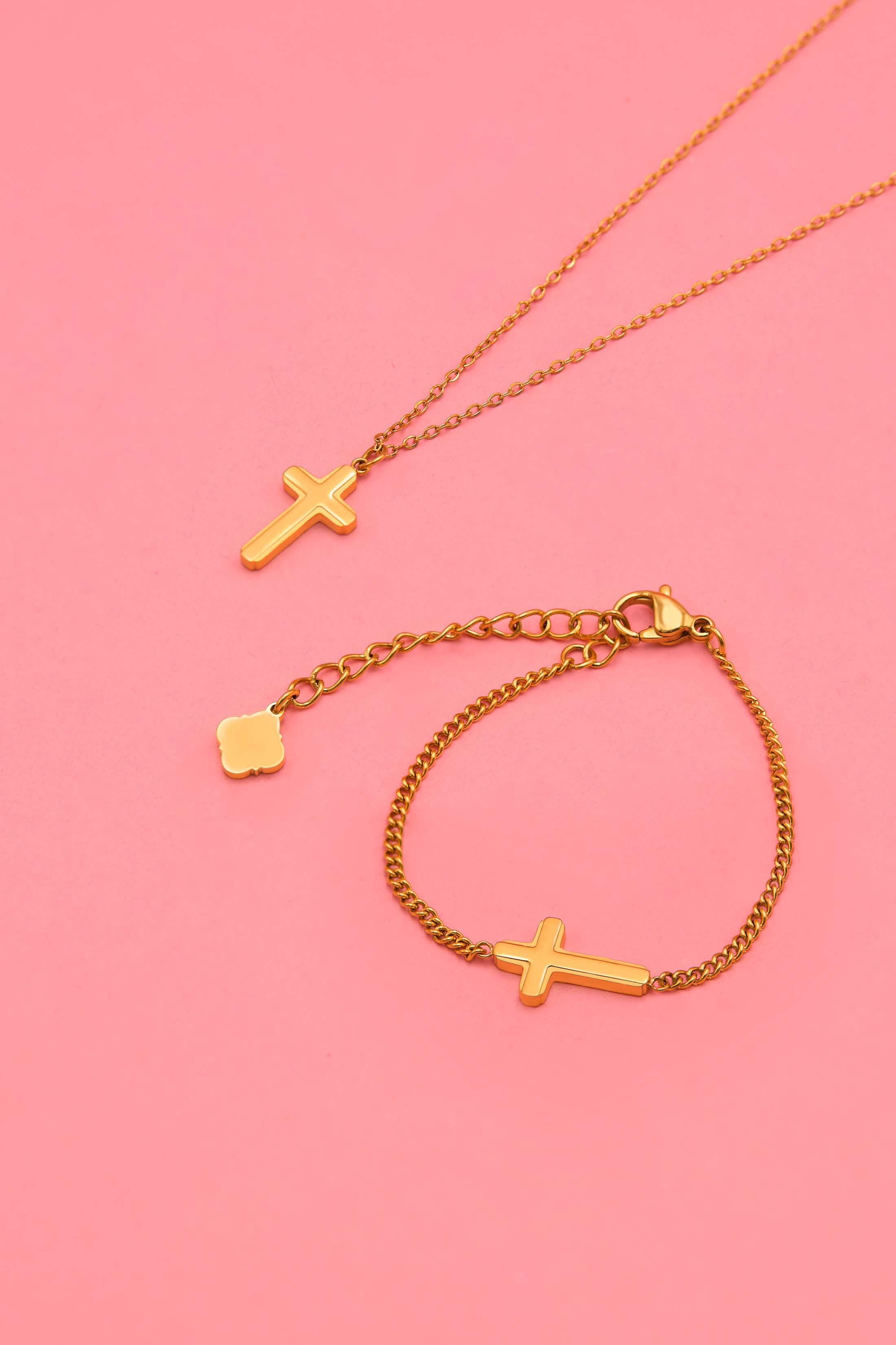 Cross Gold Necklace & Bracelet Gift Set