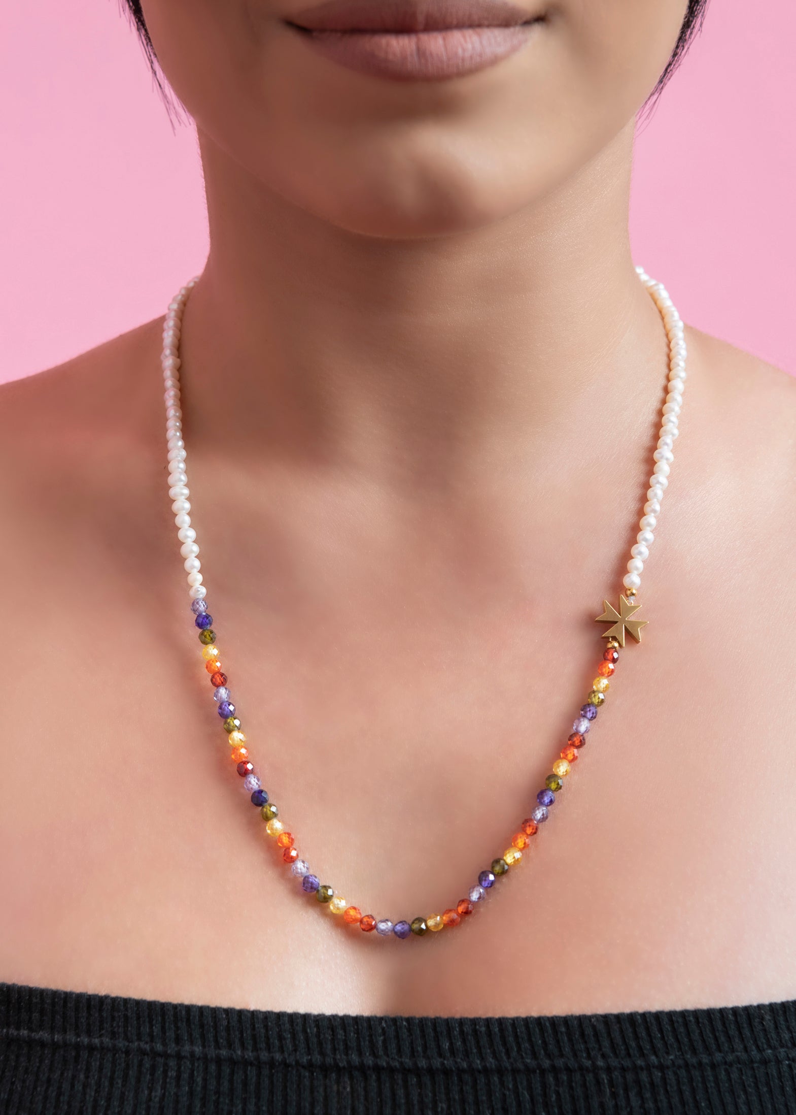 Freshwater Pearl & Beads Maltese Cross Necklace