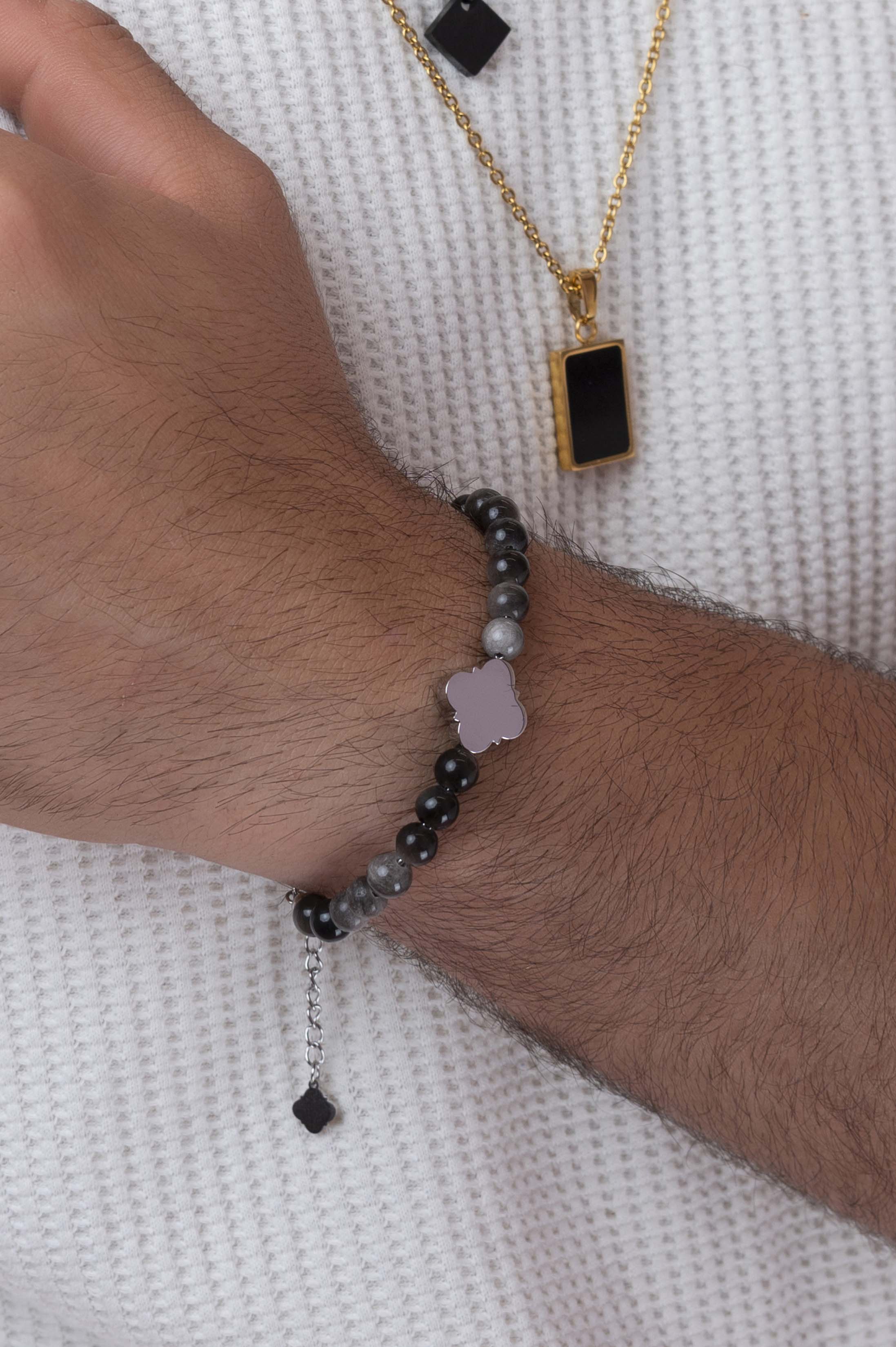 Engravable Black Stone Beaded Bracelet