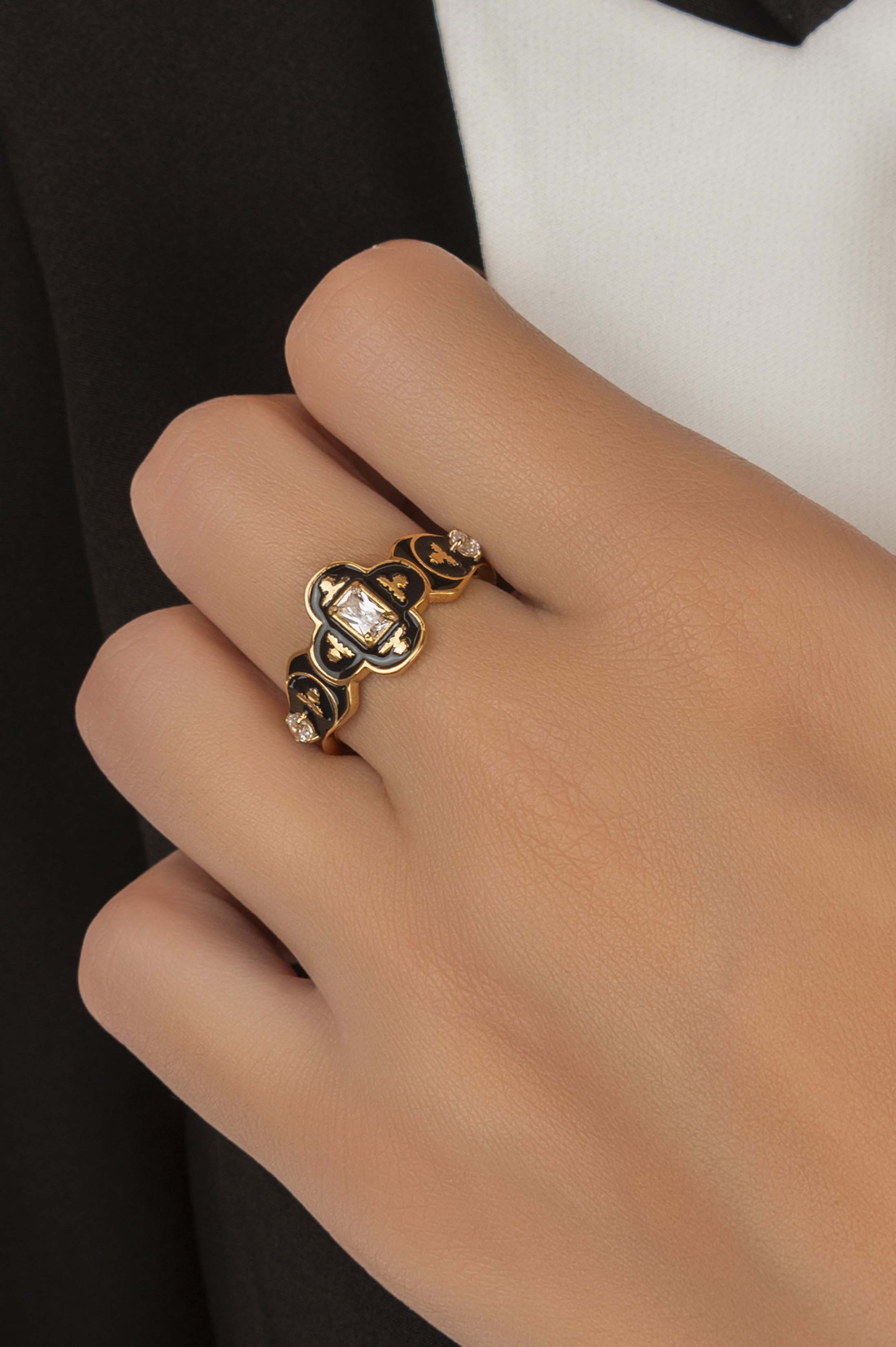Royal Tile Black Enamel Ring