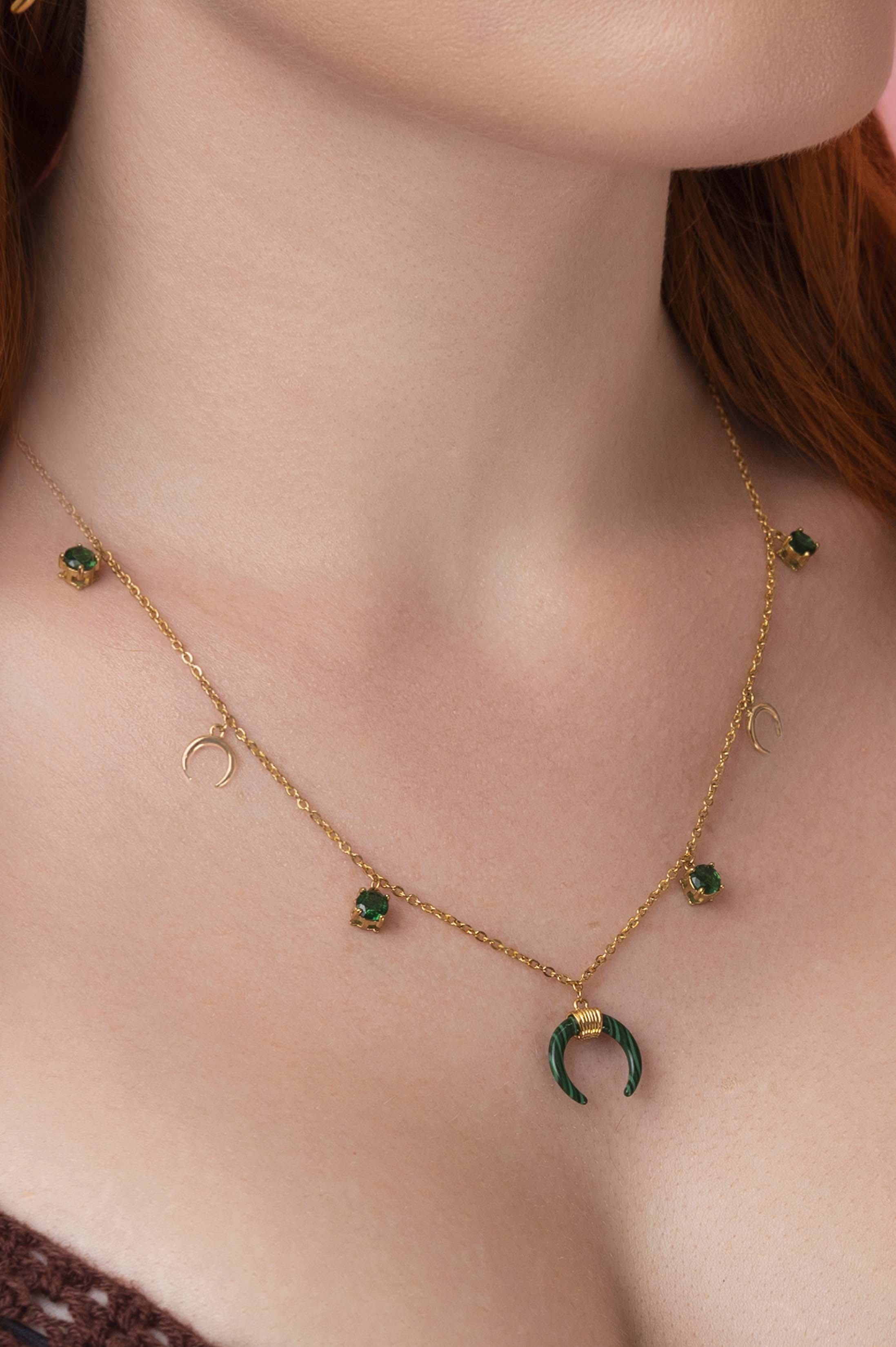 Malachite Crescent Horn Charm Necklace