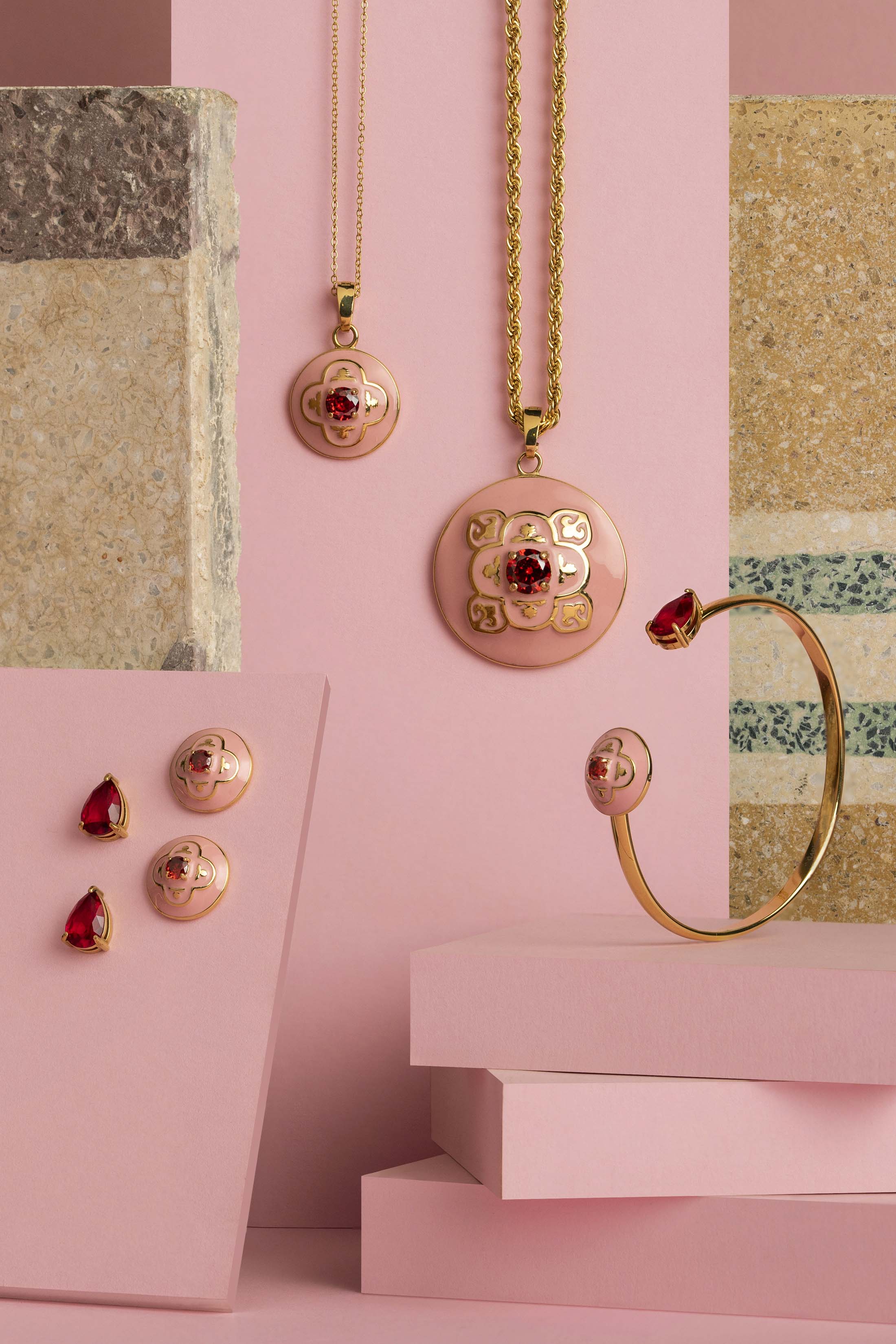 Maltese Tile Carisma Red Stone Stud Earring Set