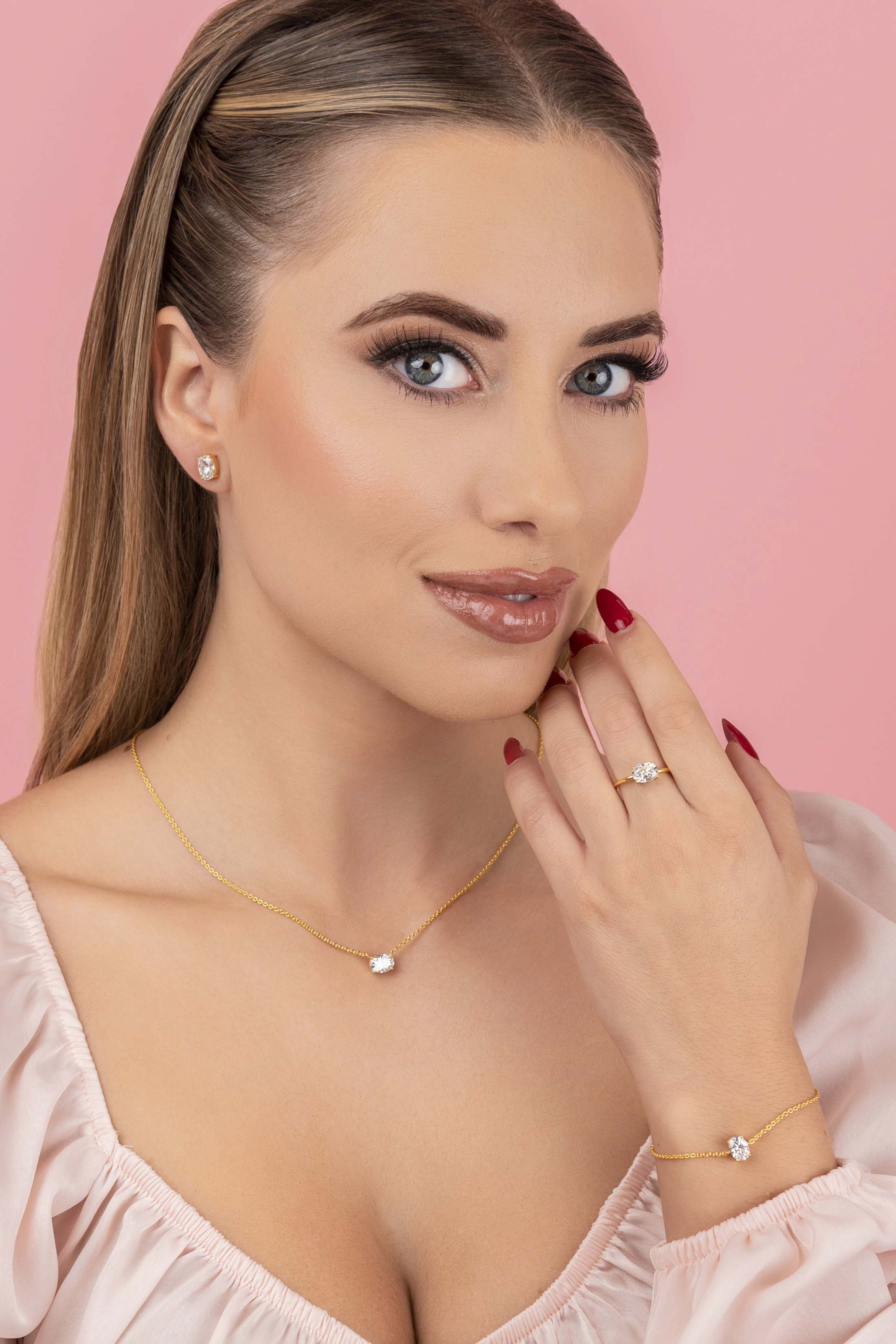 Moissanite Solitaire Stud Earrings, Ring, Bracelet & Necklace in 18k Gold Vermeil Gift Set