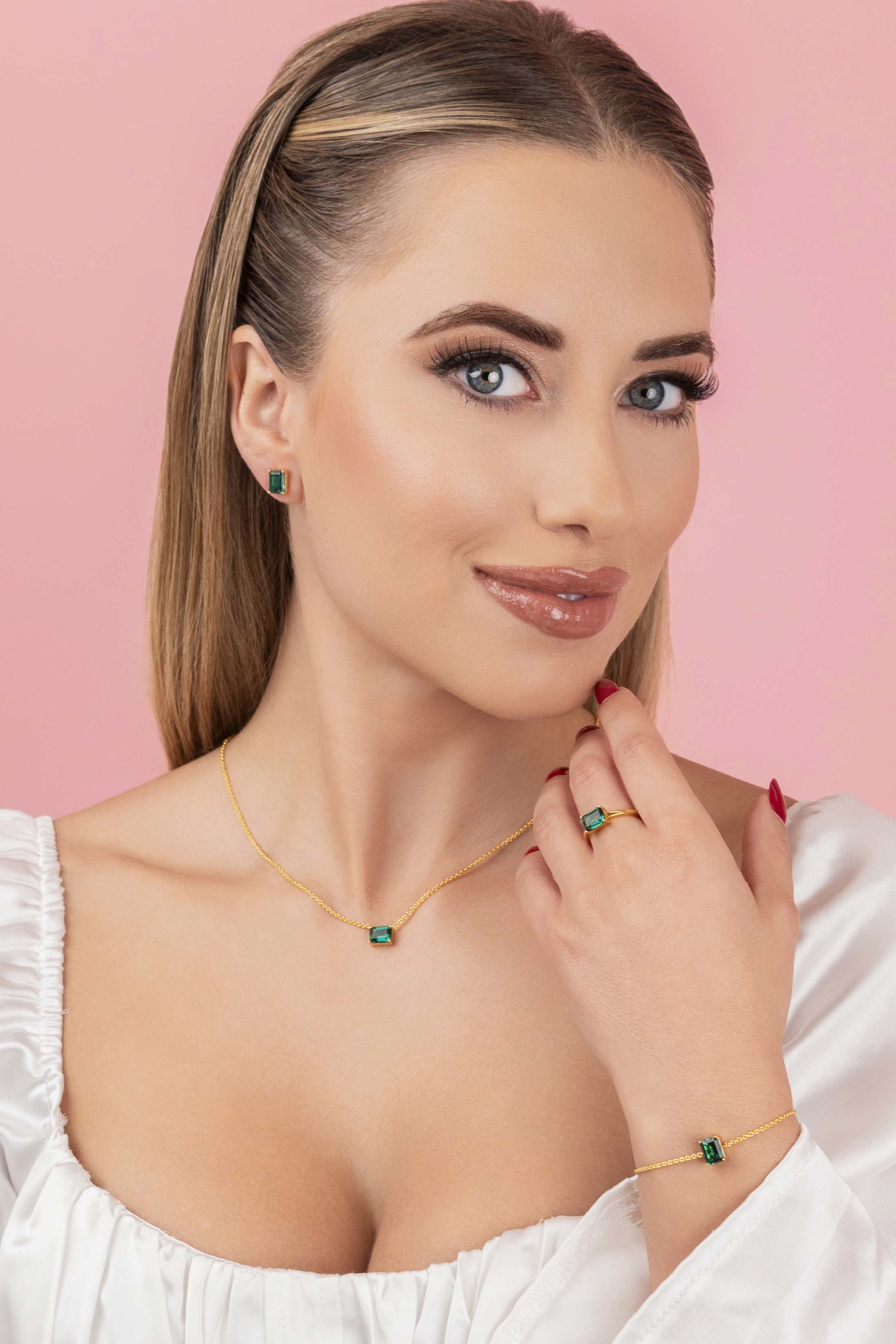 Emerald Solitaire Stud Earrings, Ring, Bracelet & Necklace in 18k Gold Vermeil Gift Set