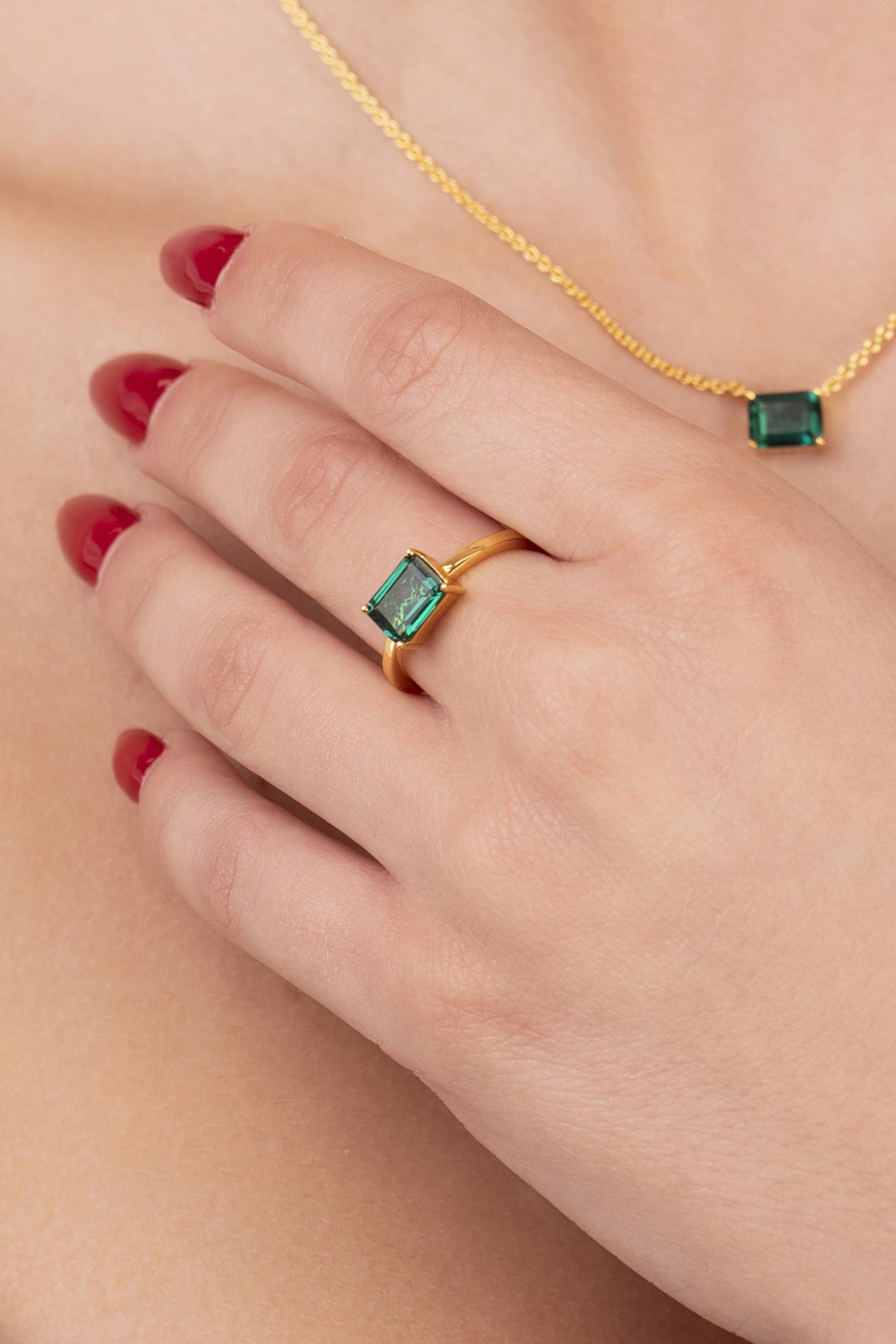 Emerald Solitaire Stud Earrings, Ring, Bracelet & Necklace in 18k Gold Vermeil Gift Set