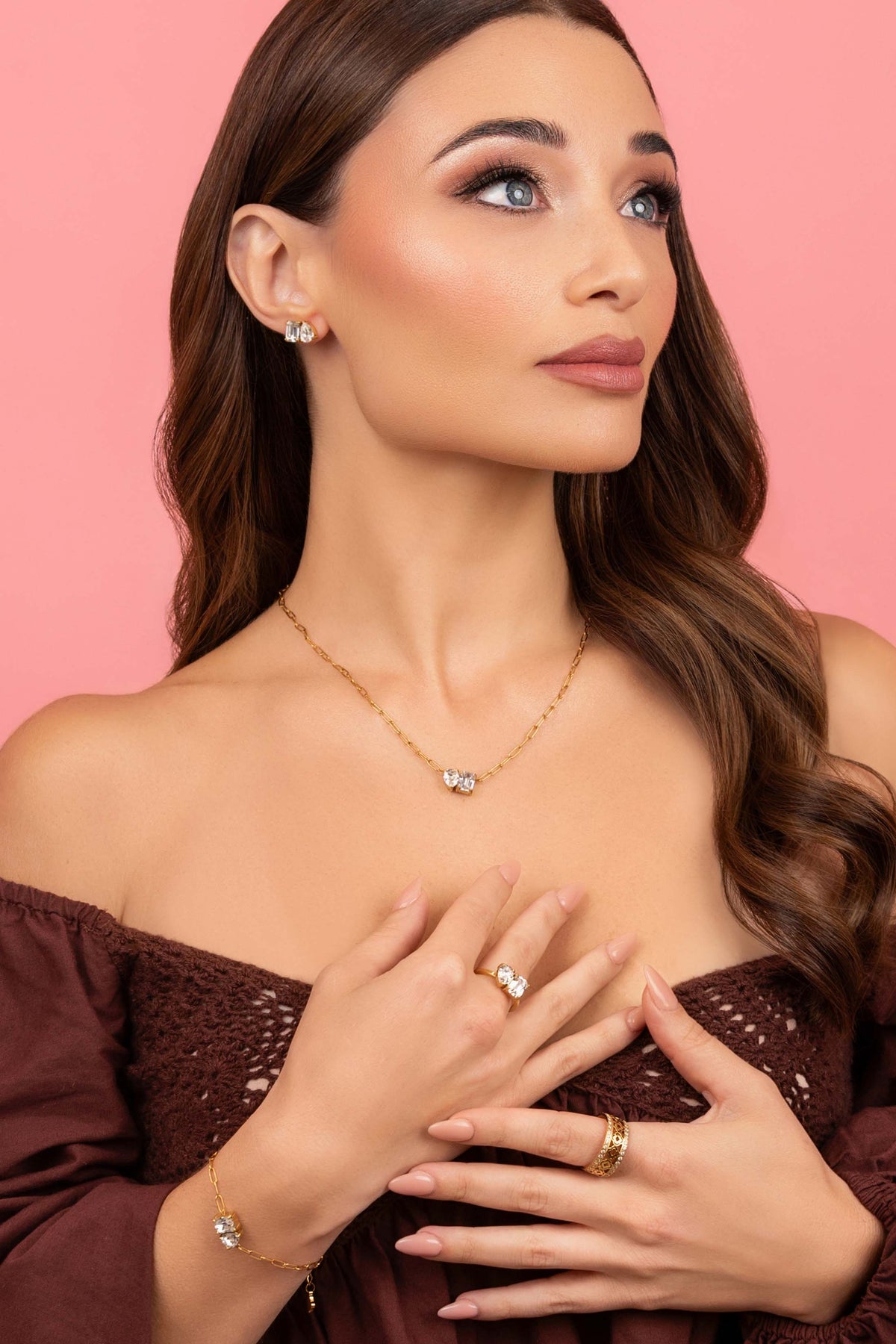 Model wearing Harmony Duo Stud Earring Set, Harmony Duo Necklace