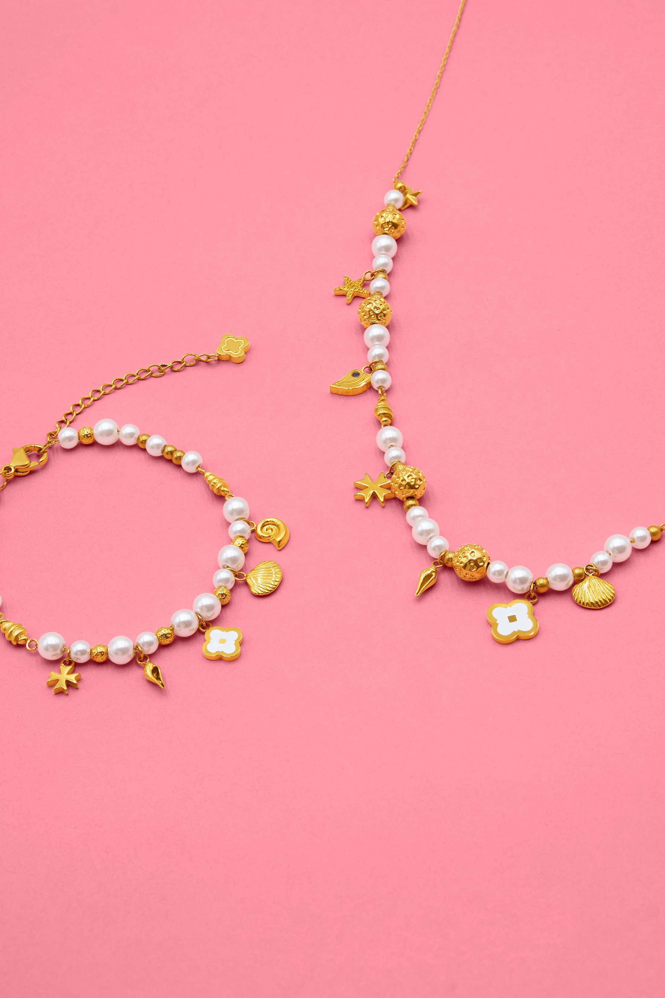 Maltese Summer Pearl Charm Necklace & Bracelet Gift Set