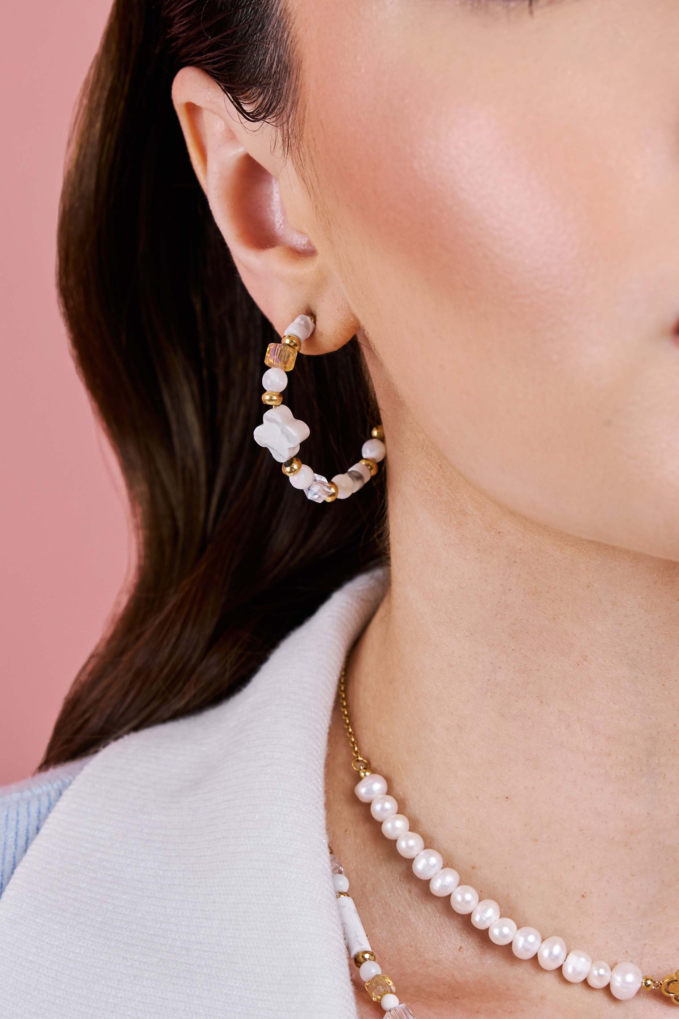 White Howlite Beaded Hoop Earring Set