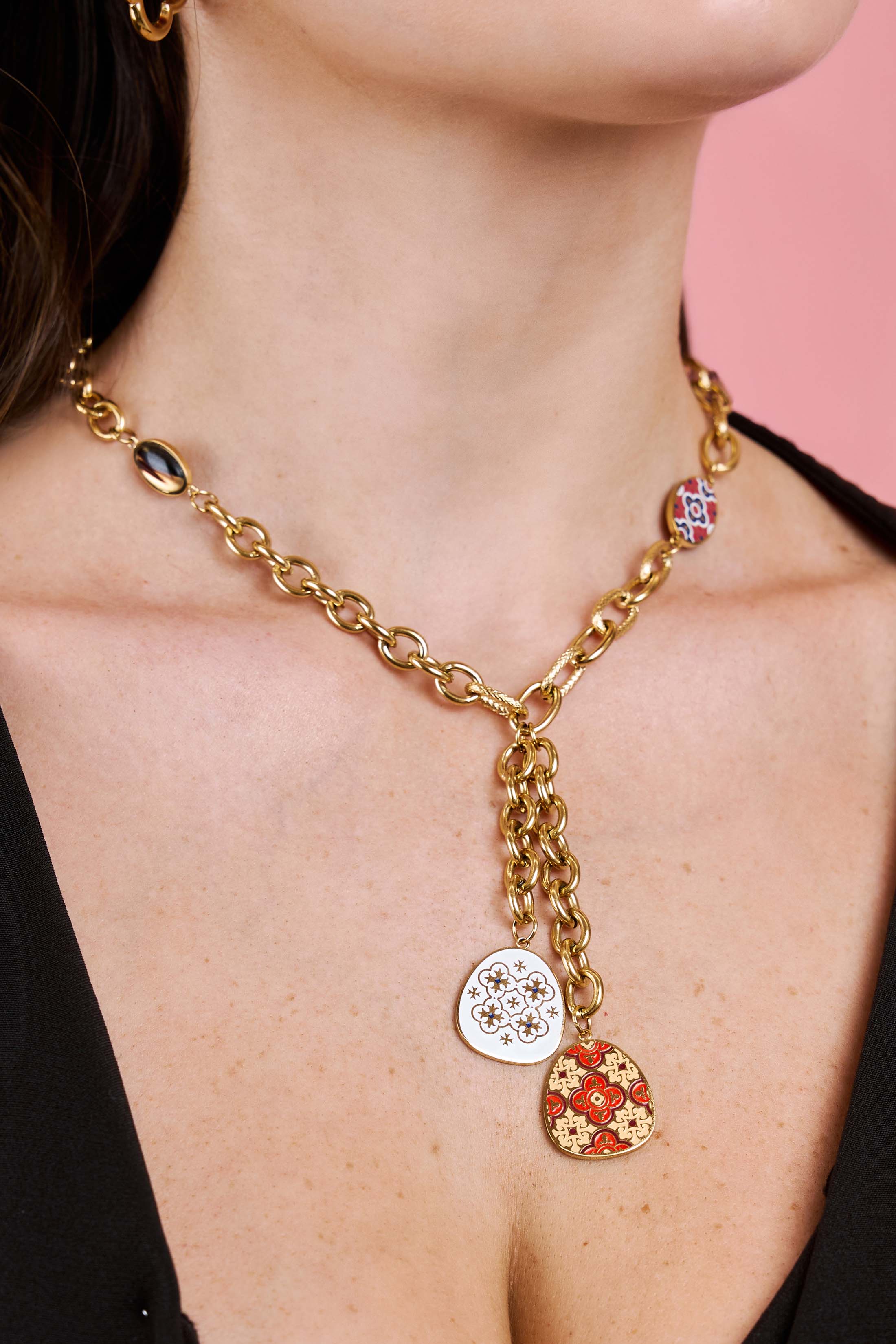 Maltese Tile & Stone Crossed Chain Necklace