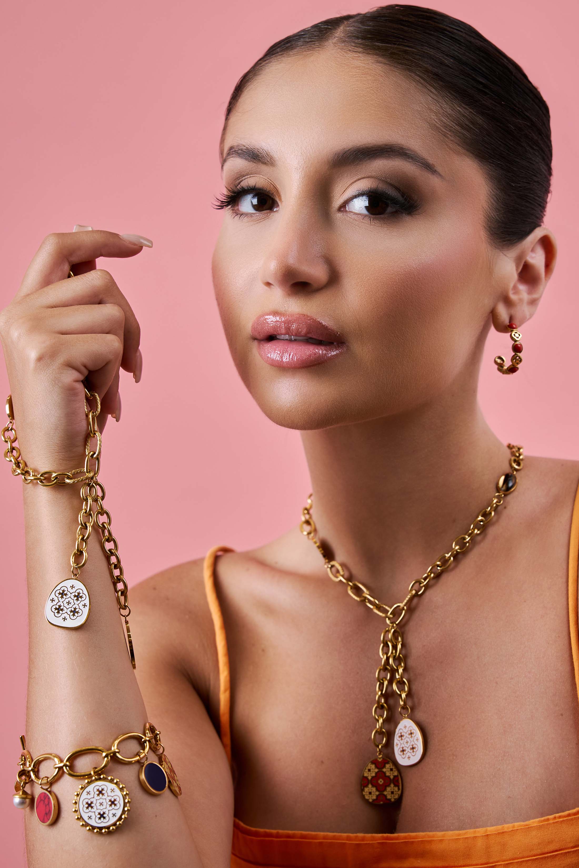 Maltese Tile & Stone Crossed Chain Necklace