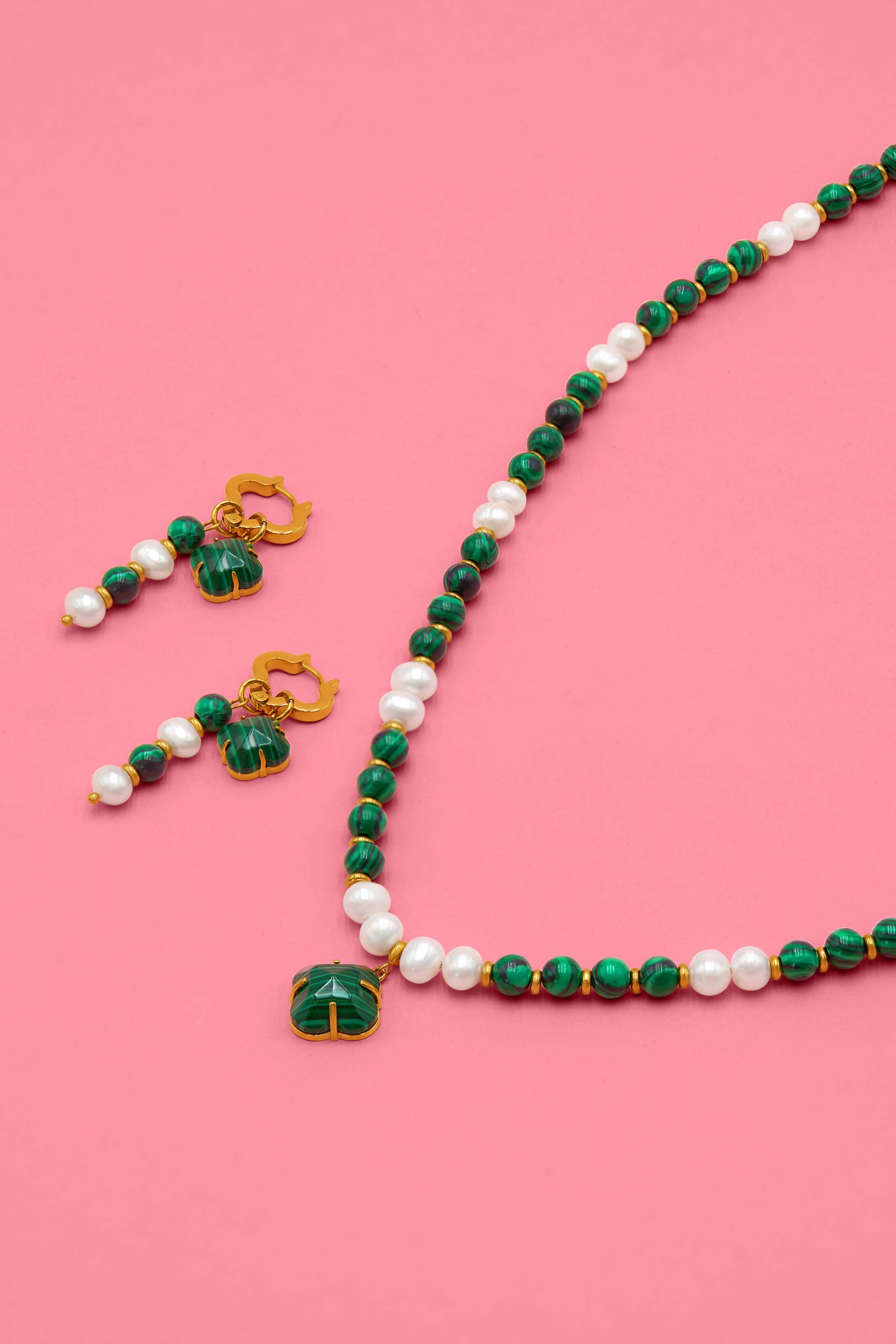 Malachite Pearl Duo Earring Set & Necklace Gift Set