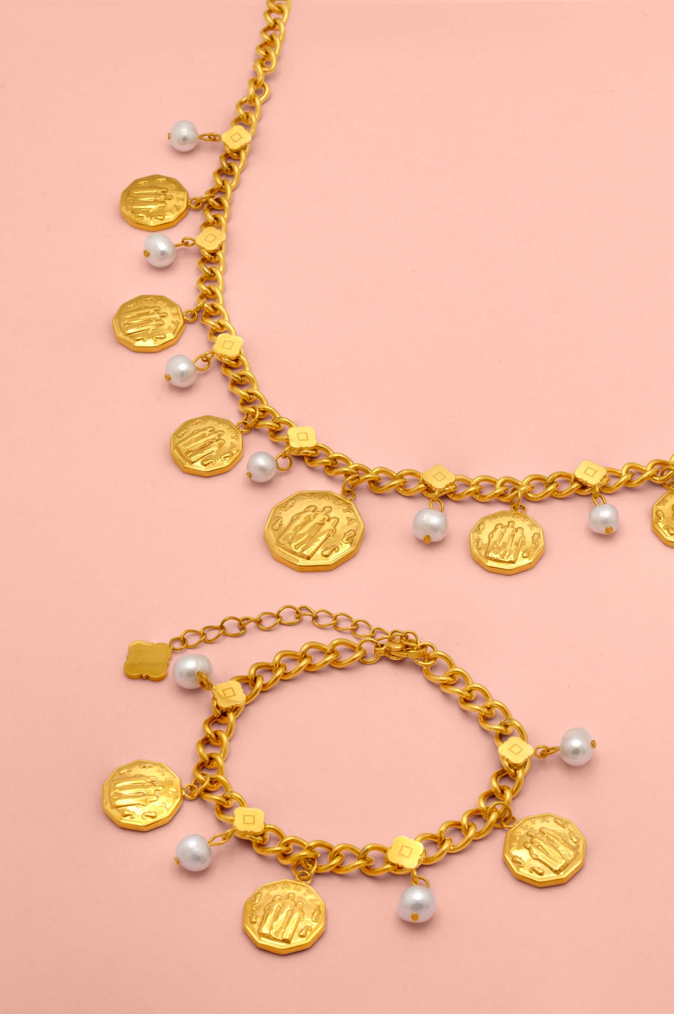 Fortitude, Faith & Hope Coin Freshwater Pearl Charm Bracelet & Necklace Gift Set