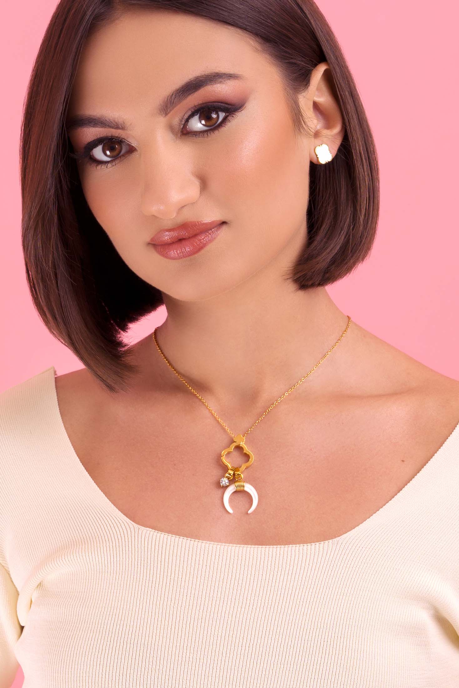 Crescent Mother of Pearl Horn Charm Pendant Earring Set