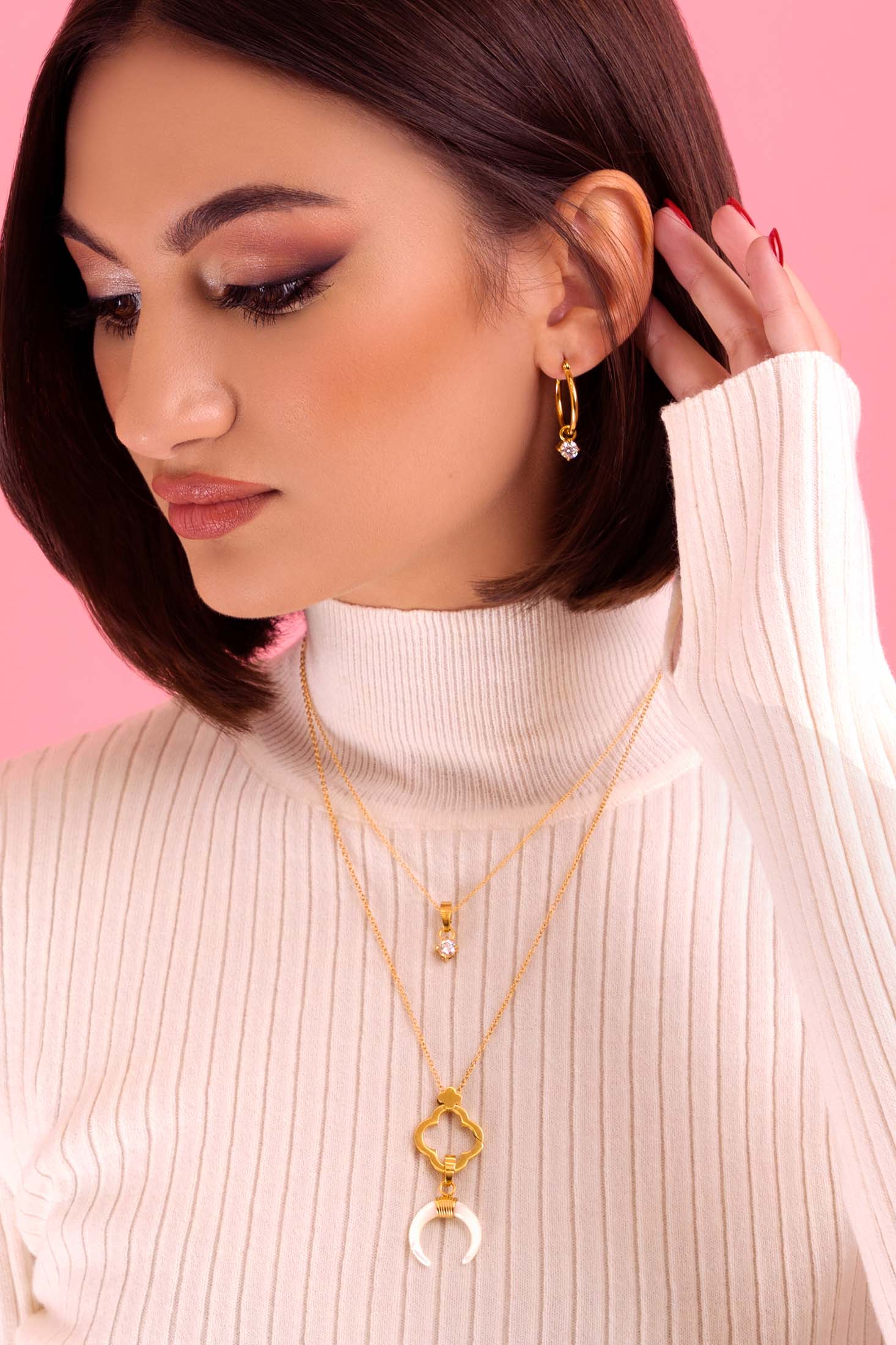 Crescent Mother of Pearl Horn Charm Pendant Earring Set