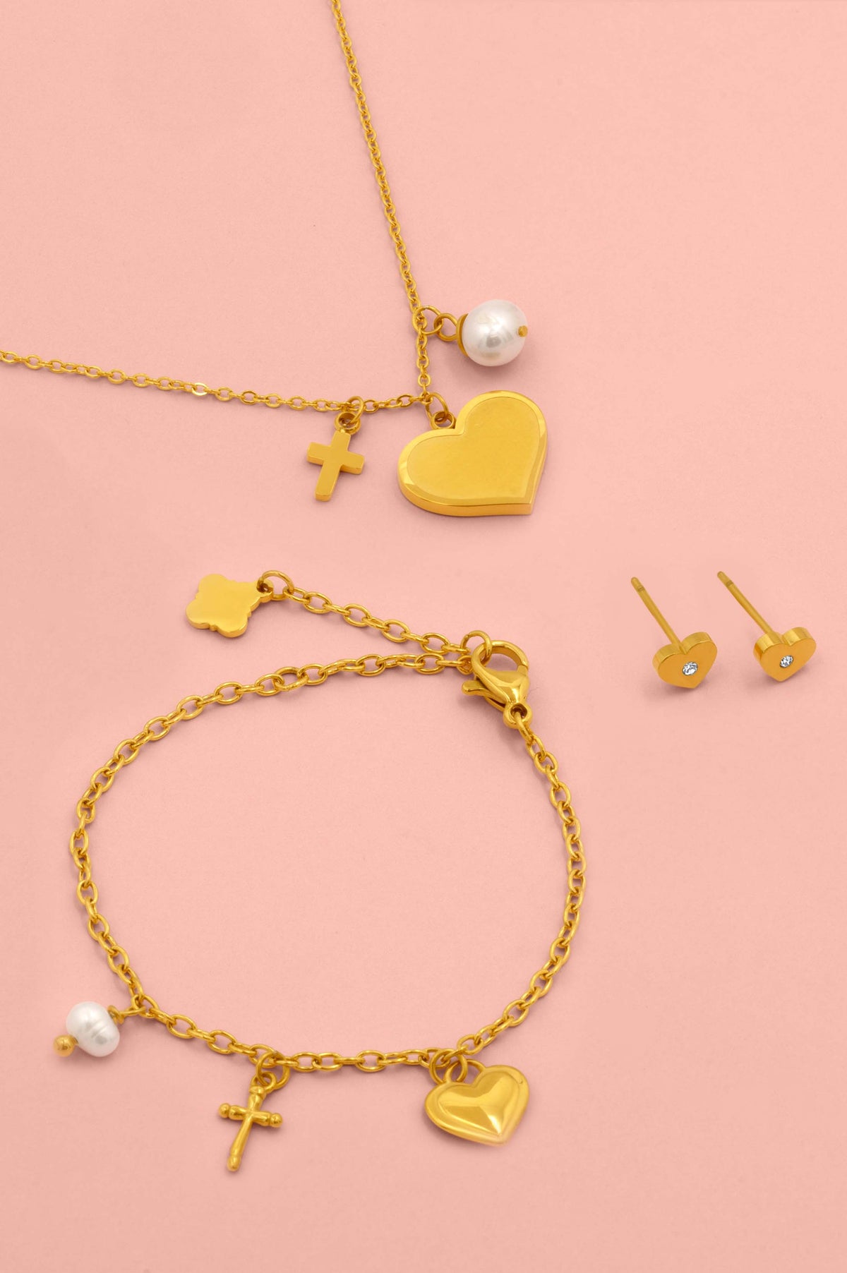 Engravable Gold Heart Charm Bracelet, Necklace & Stud Earrings Gift Set