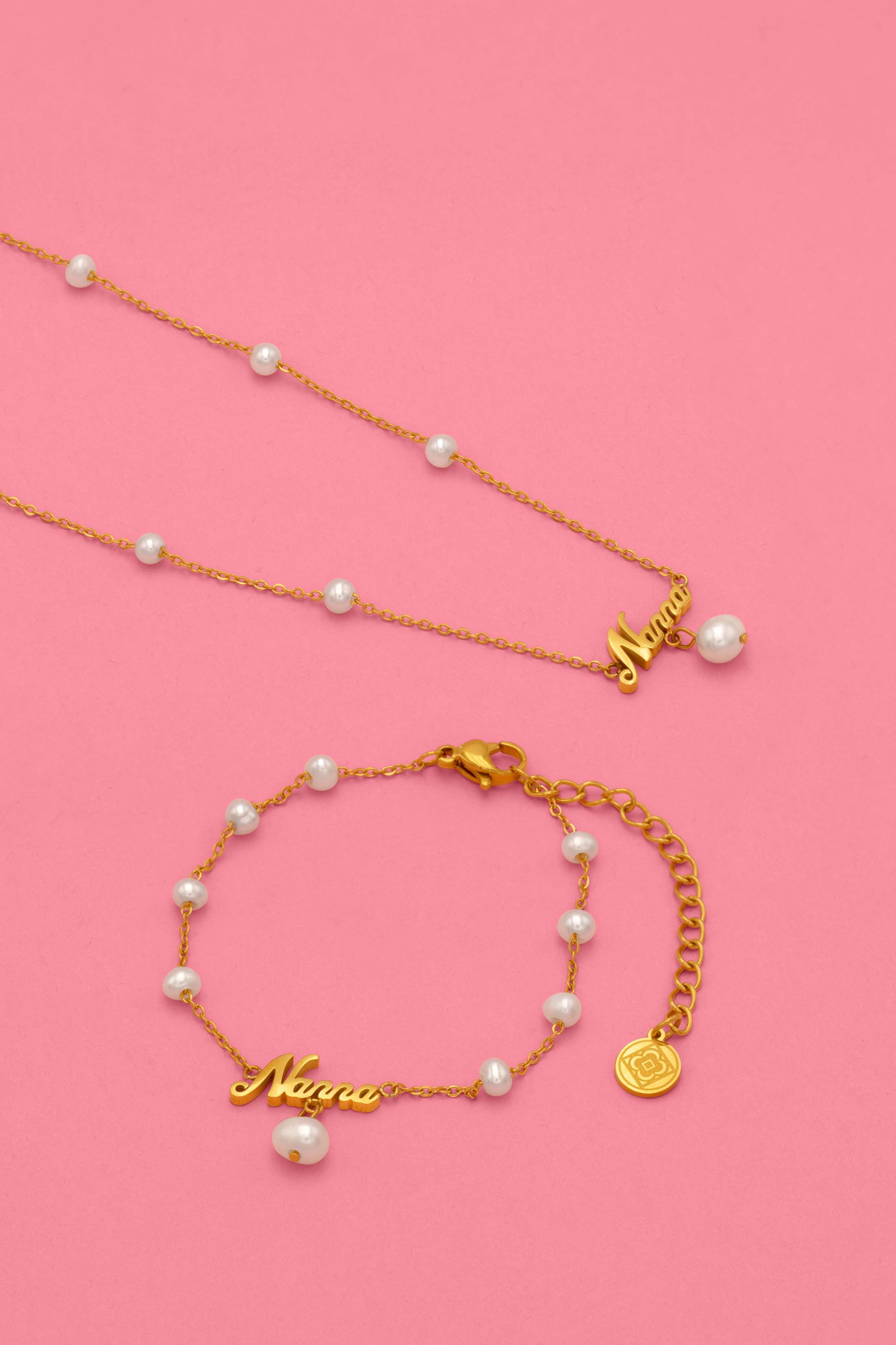 ‘Nanna’ Cursive Freshwater Pearl Necklace & Bracelet Gift Set