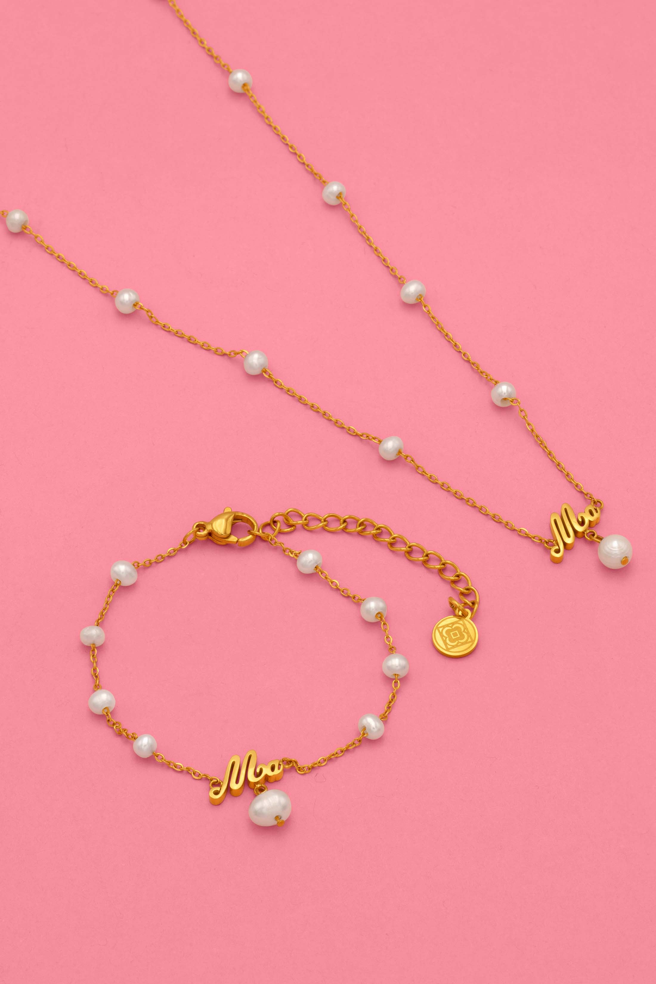 ‘Ma’ Cursive Freshwater Pearl Necklace & Bracelet Gift Set