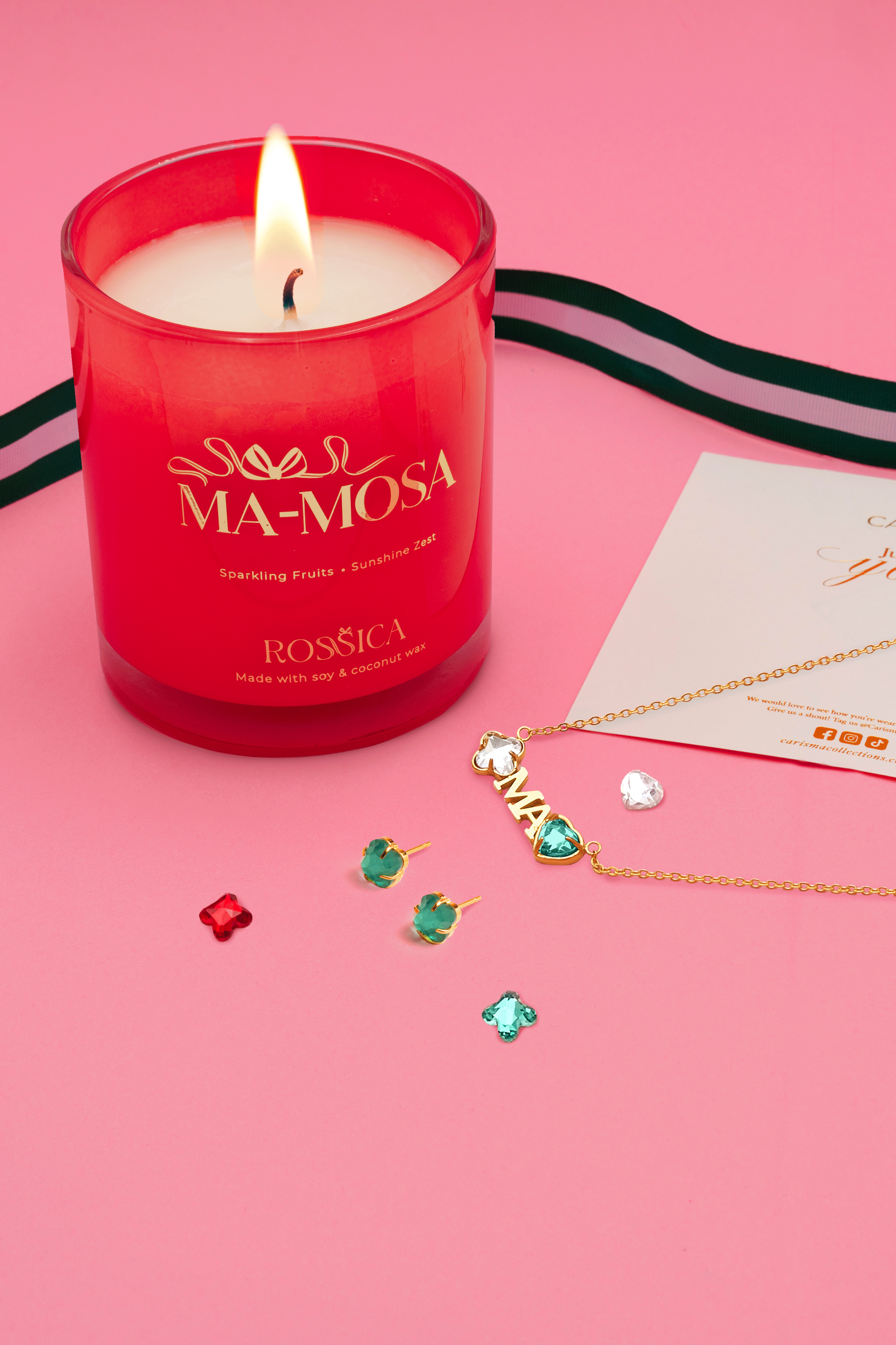 Made for "Ma" or "Nanna" Birthstone Necklace, Studs & Rossica Candle Gift Set