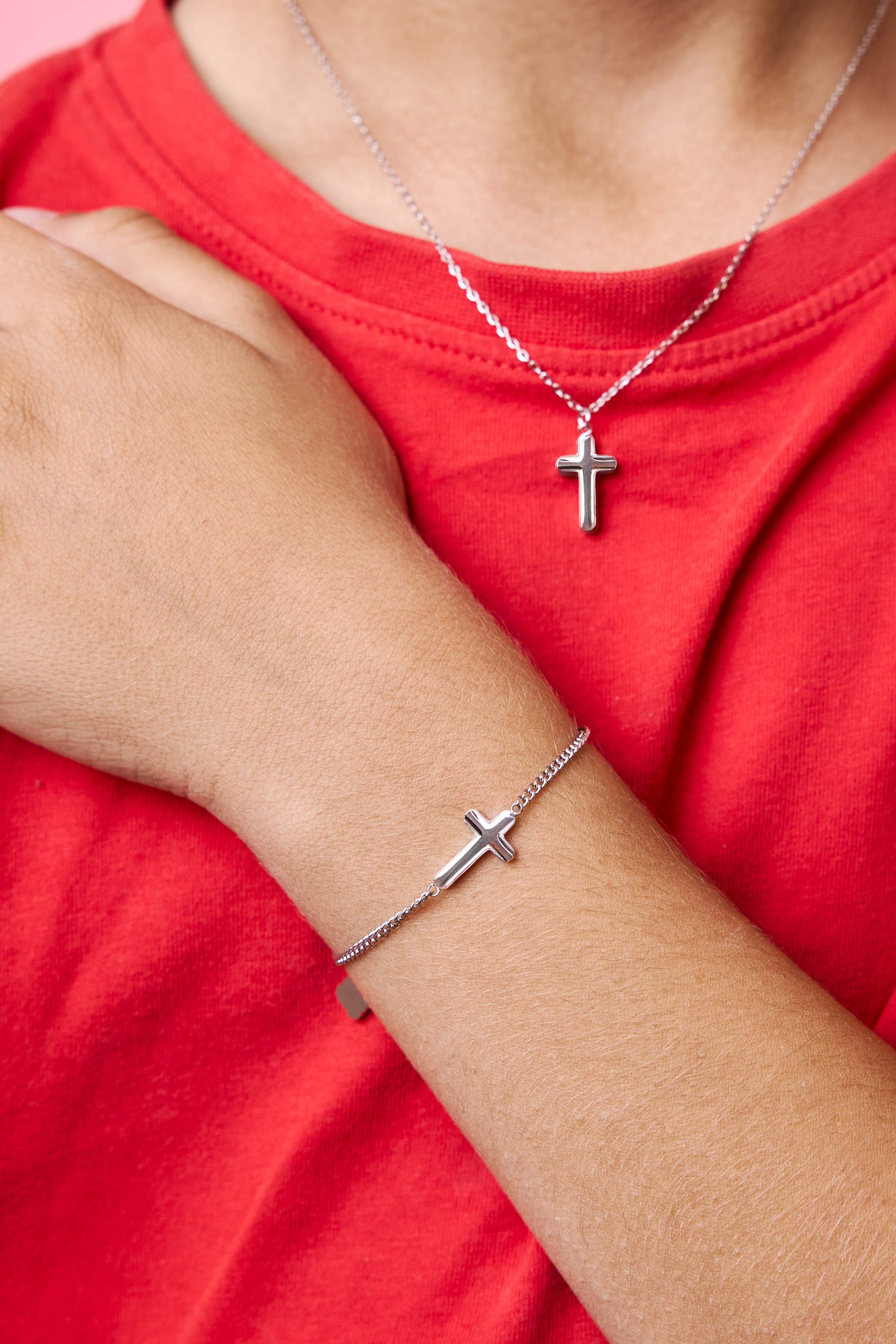 Cross Silver Necklace & Bracelet Gift Set