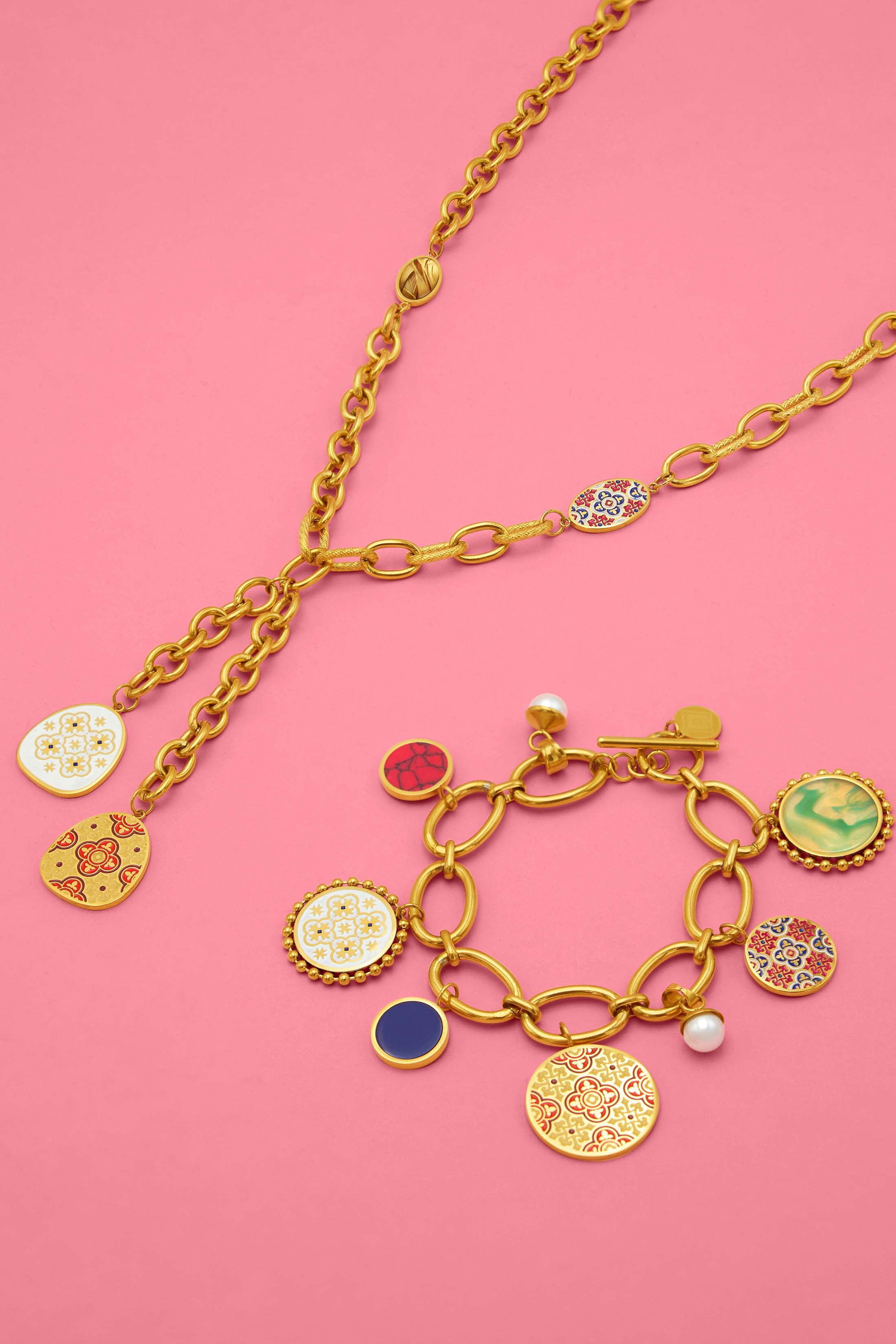 Maltese Tile & Stone Charm Bracelet & Necklace Gift Set