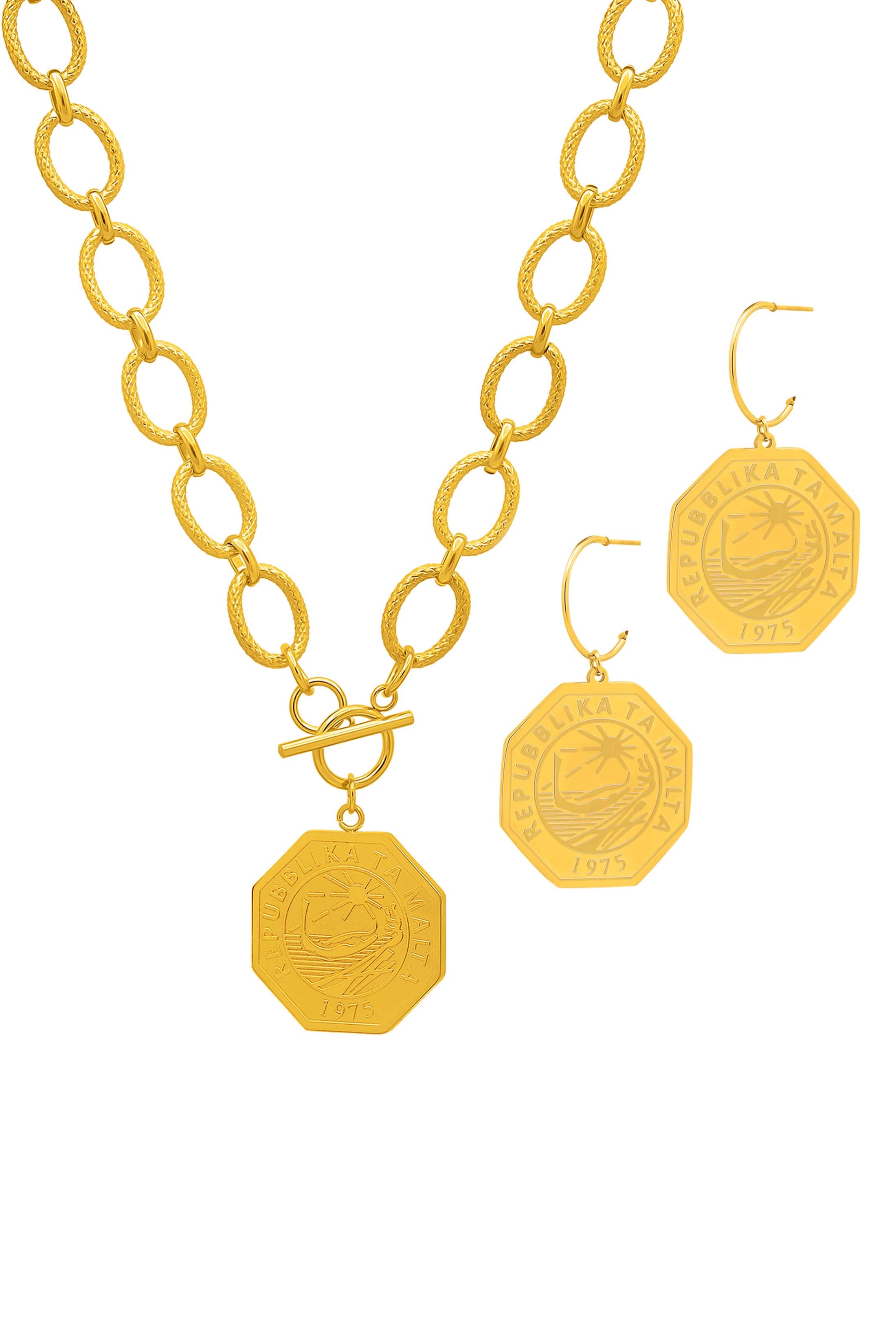 Octagon 25 Cent Luzzu Coin Pendant Chain Necklace & Earring Set