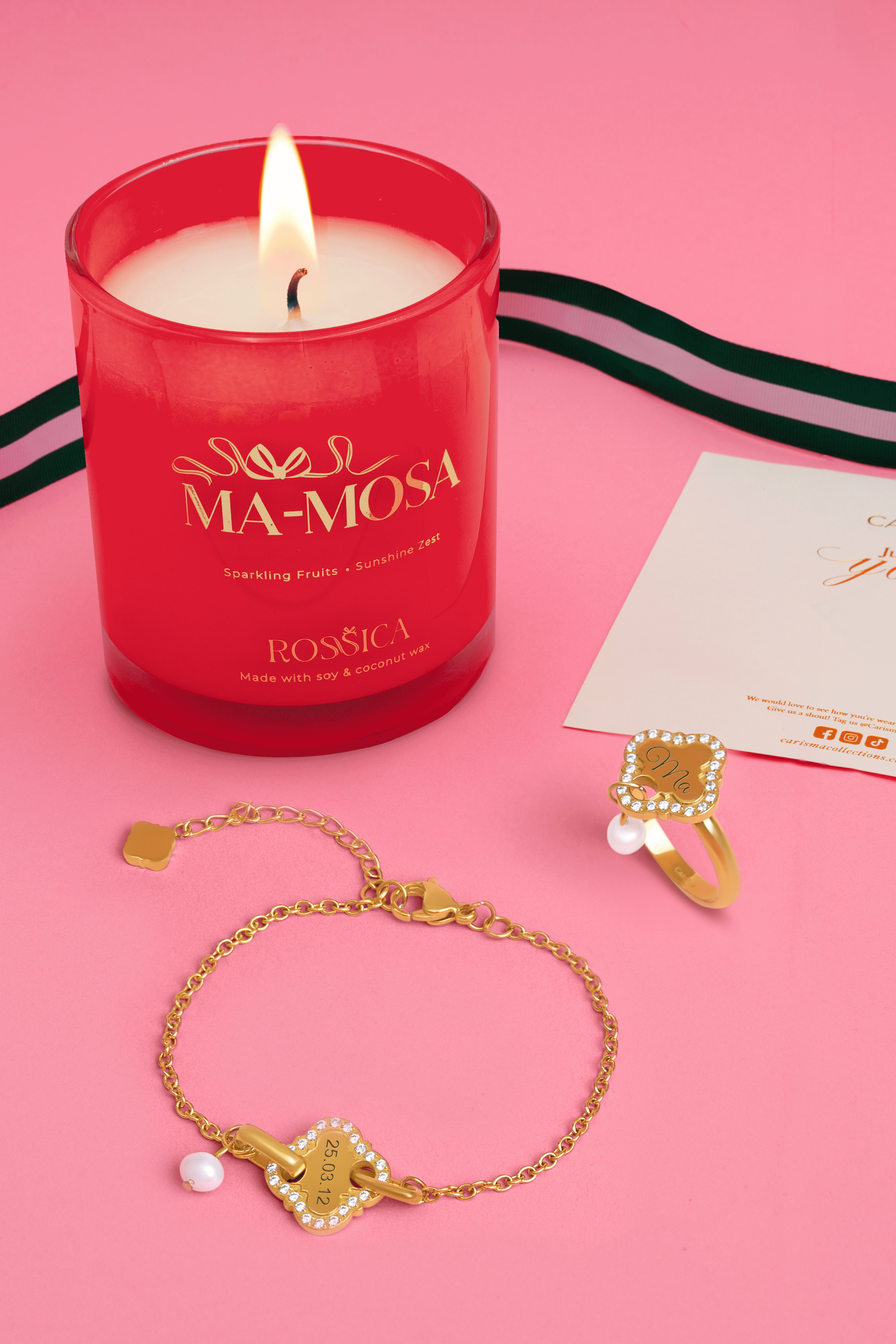 Pearl Linked Engravable Bracelet, Ring & Rossica Candle Gift Set