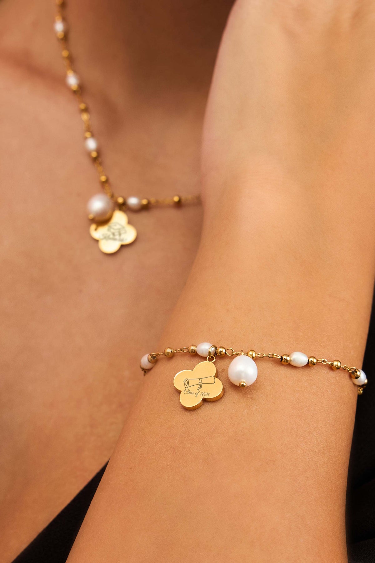 Freshwater Pearl Graduation Charm Bracelet & Necklace Gift Set