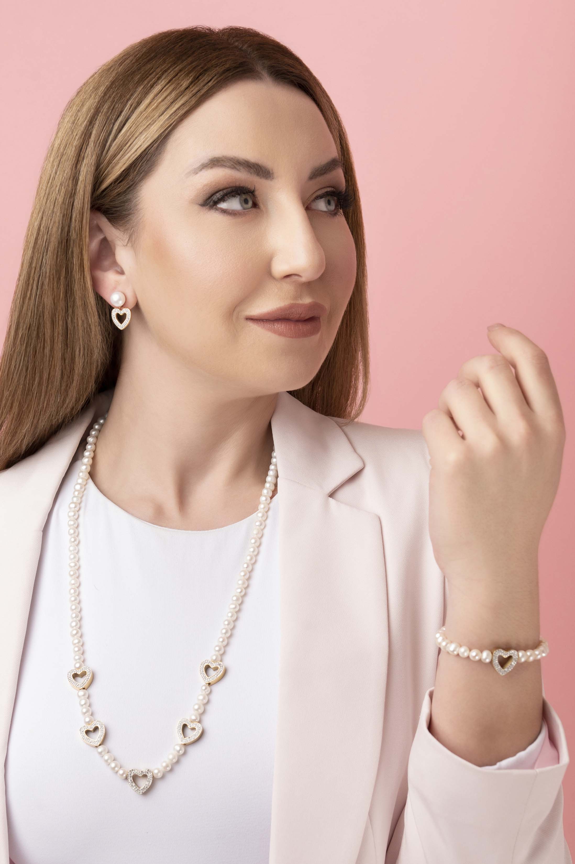 Freshwater Pearl Heart Pavé Drop Stud Earring Set
