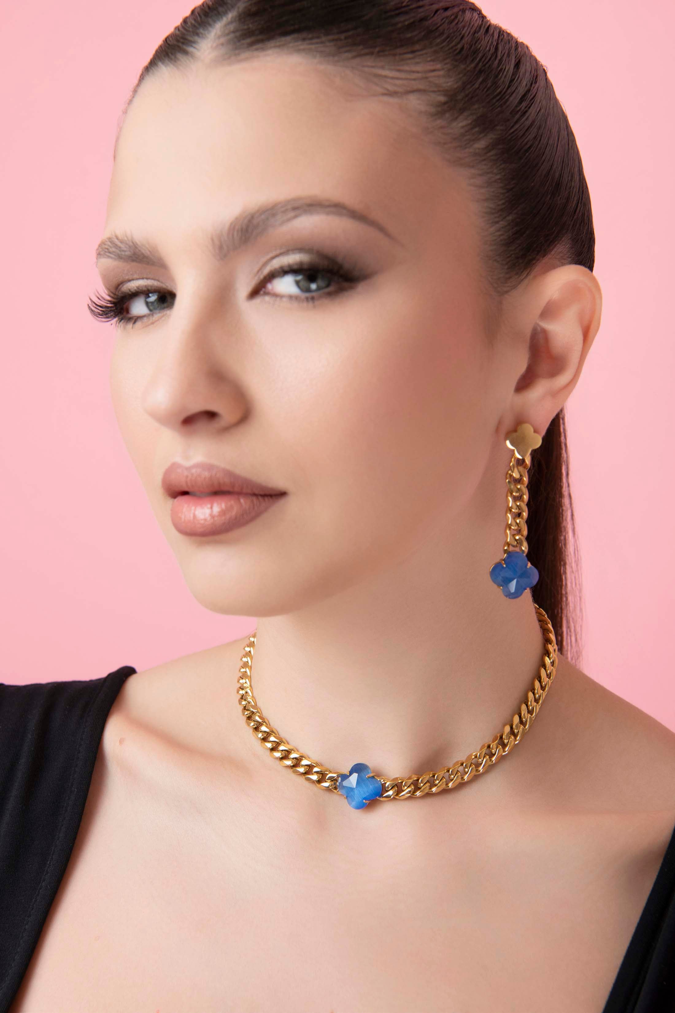 Stone Station Curb Chain Drop Stud Earring Set