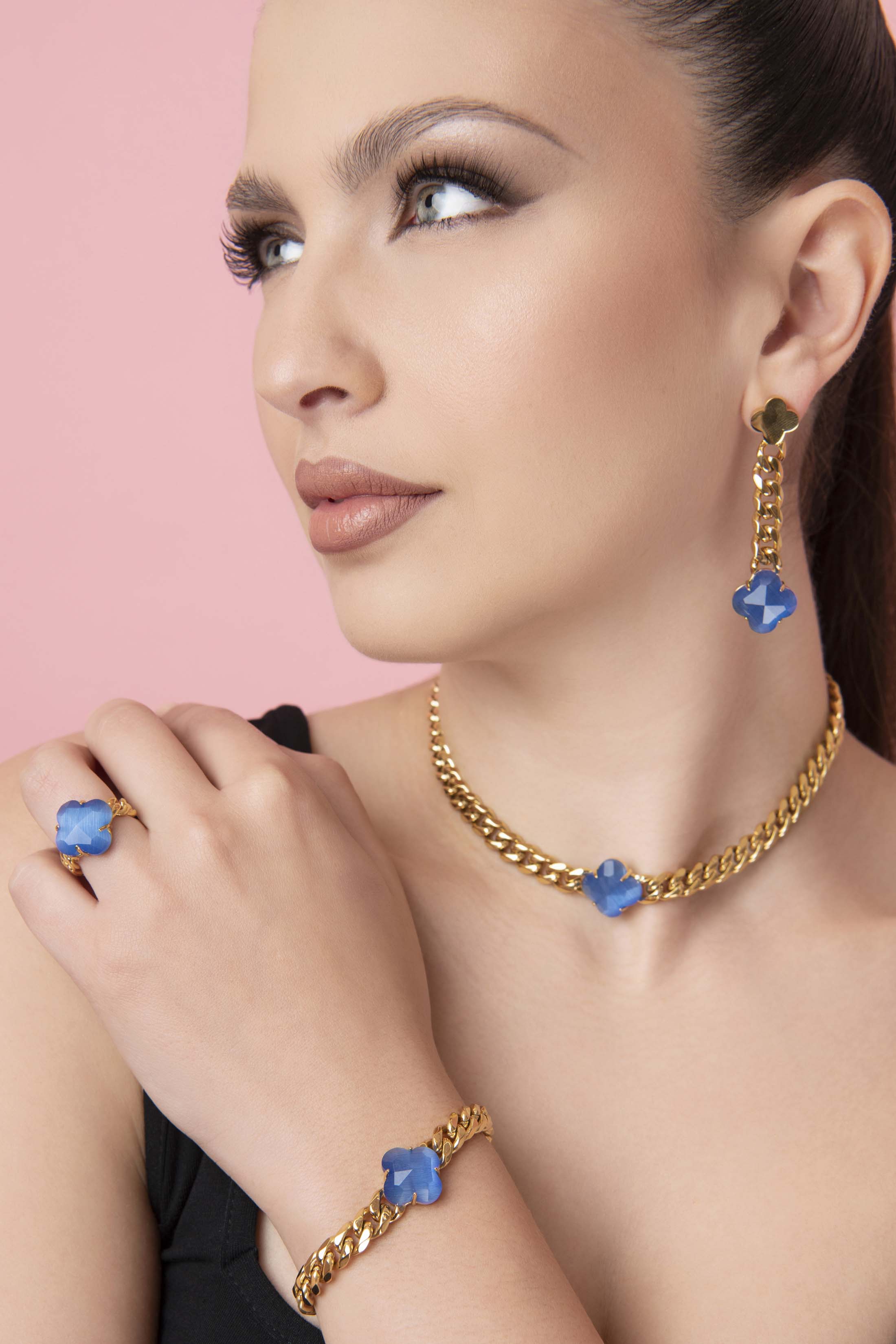 Stone Station Curb Chain Drop Stud Earring Set