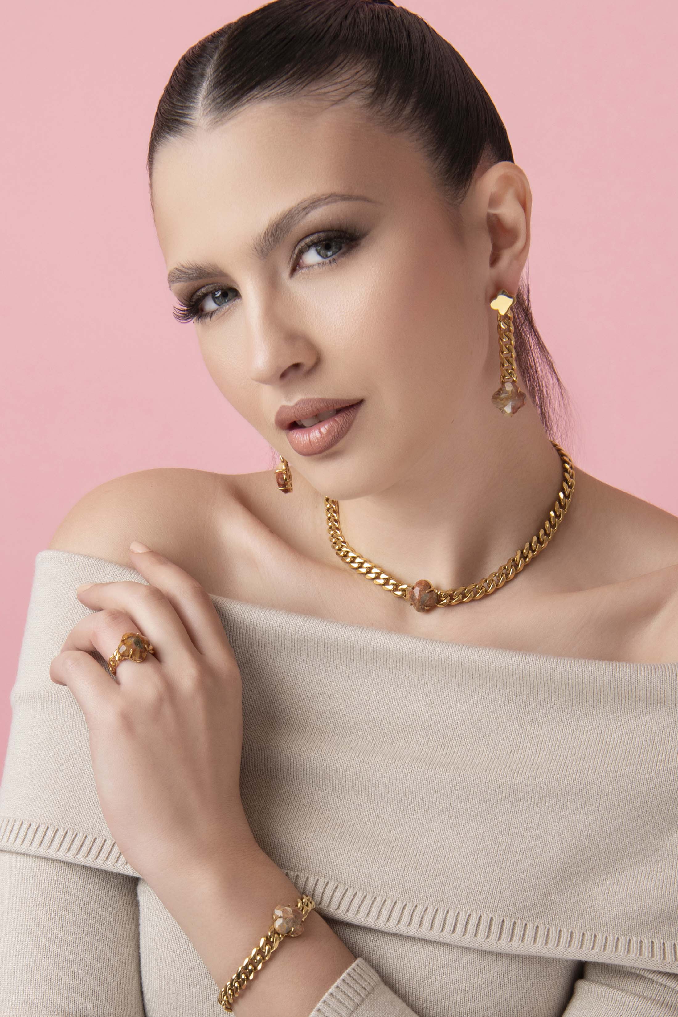 Stone Station Curb Chain Drop Stud Earring Set