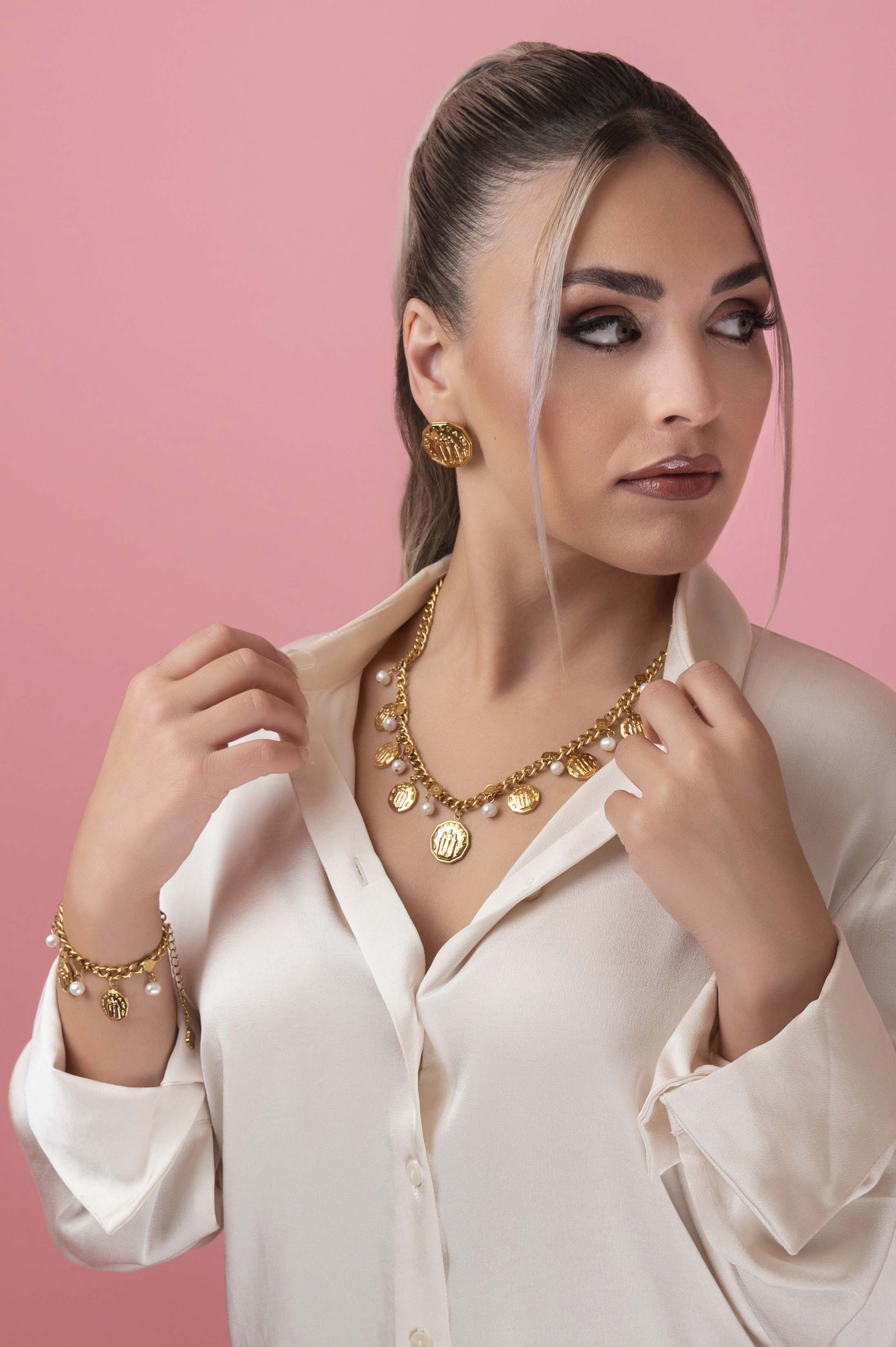 Fortitude, Faith & Hope Coin Freshwater Pearl Charm Bracelet & Necklace Gift Set