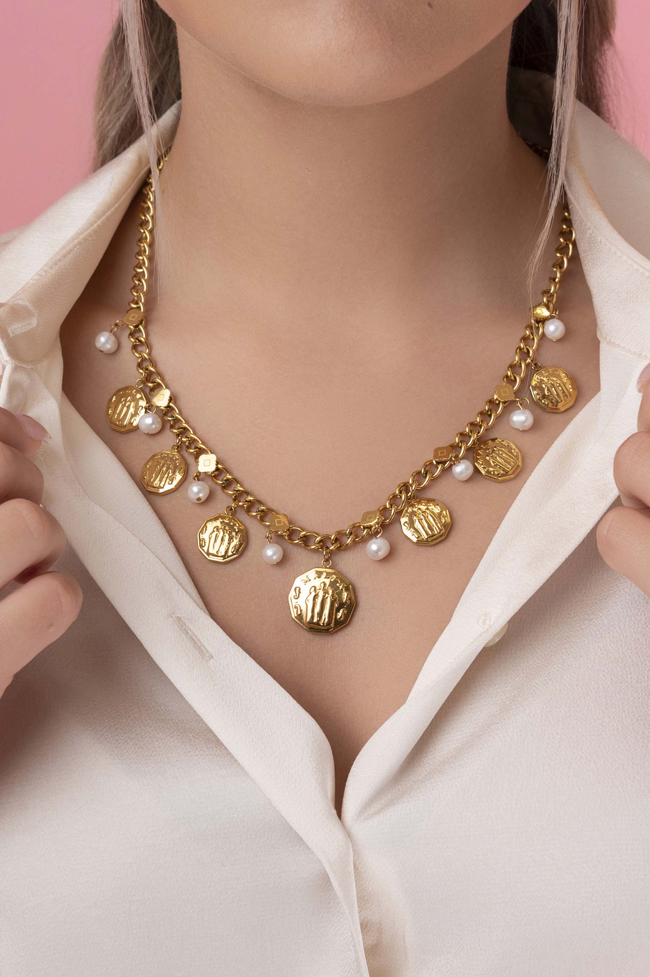 Fortitude, Faith & Hope Coin Freshwater Pearl Charm Necklace