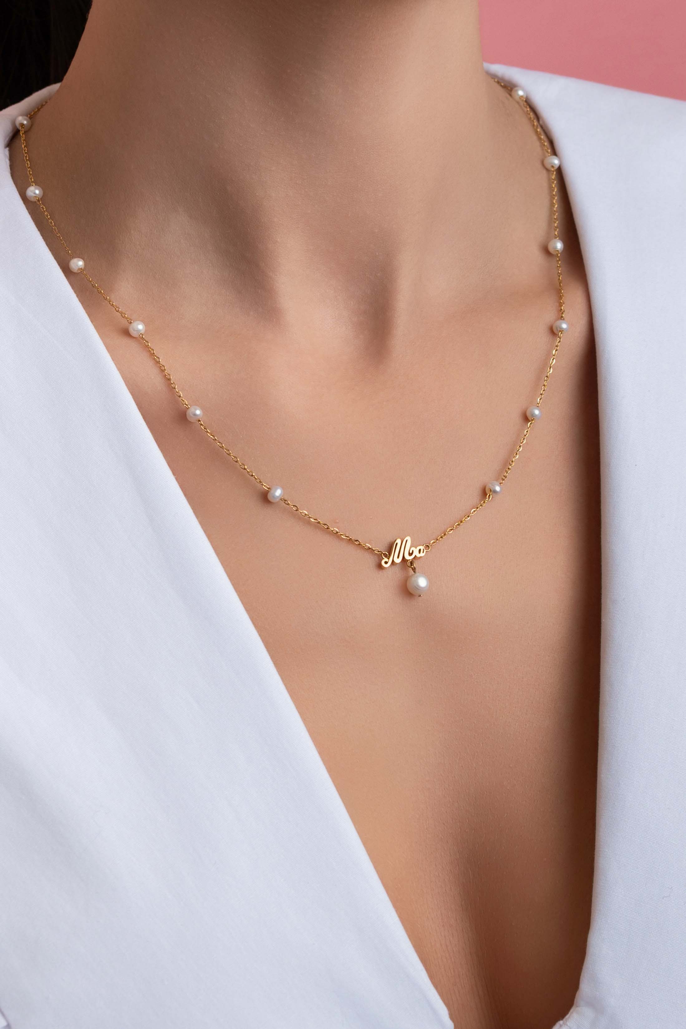 ‘Ma’ Cursive Freshwater Pearl Necklace
