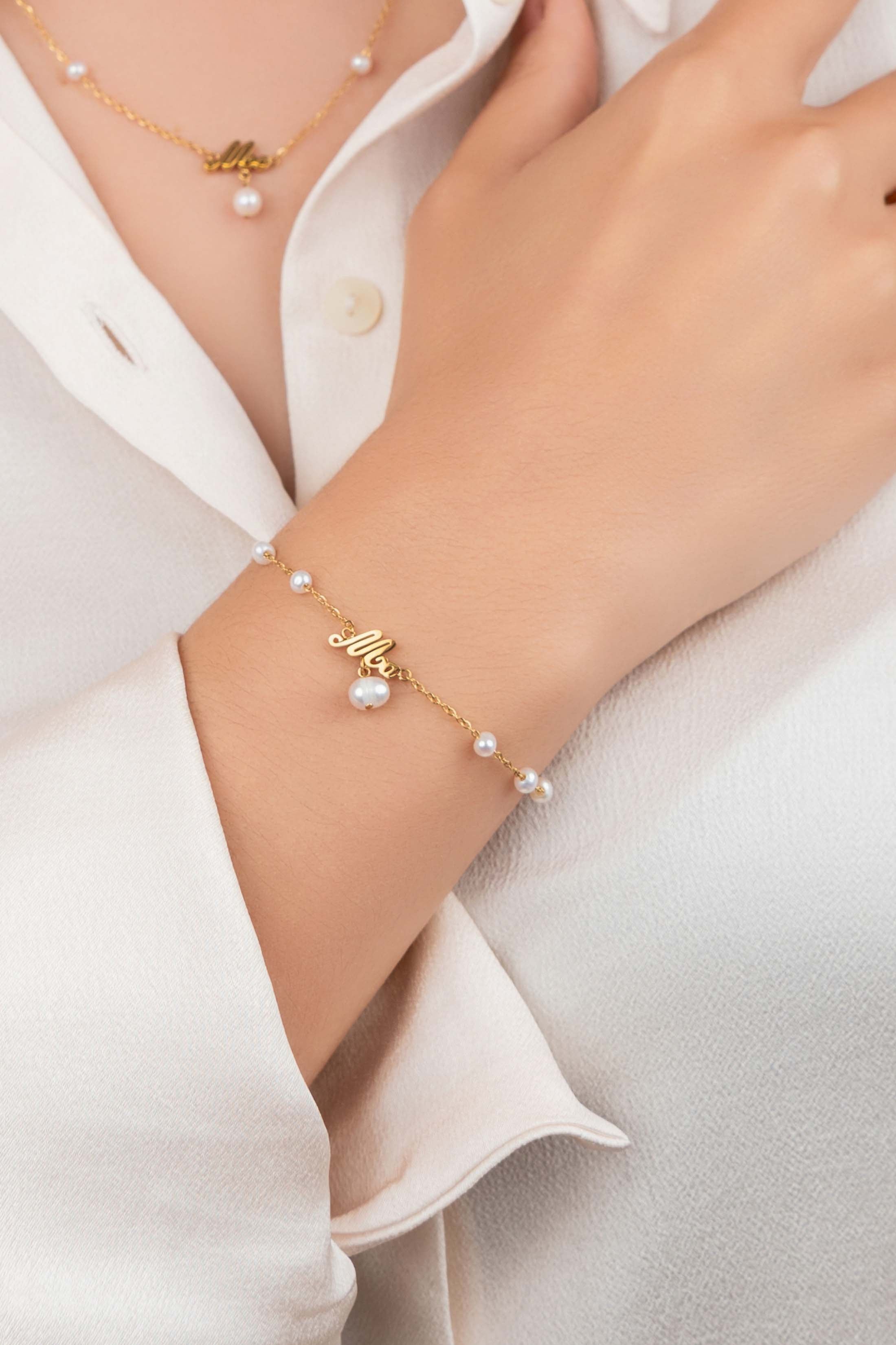 ‘Ma’ Cursive Freshwater Pearl Bracelet