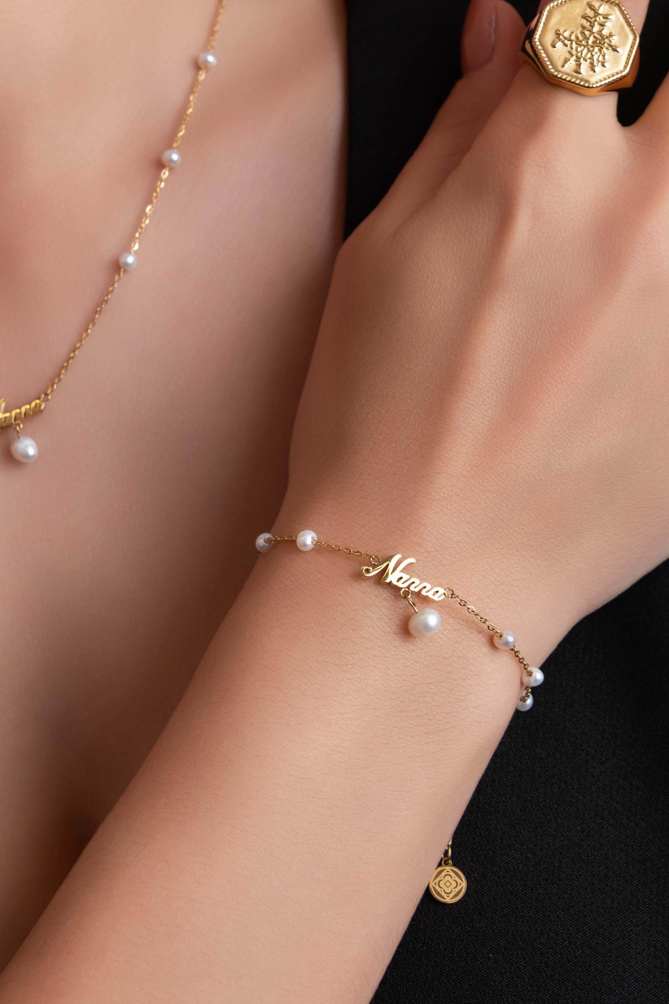 ‘Nanna’ Cursive Freshwater Pearl Necklace & Bracelet Gift Set