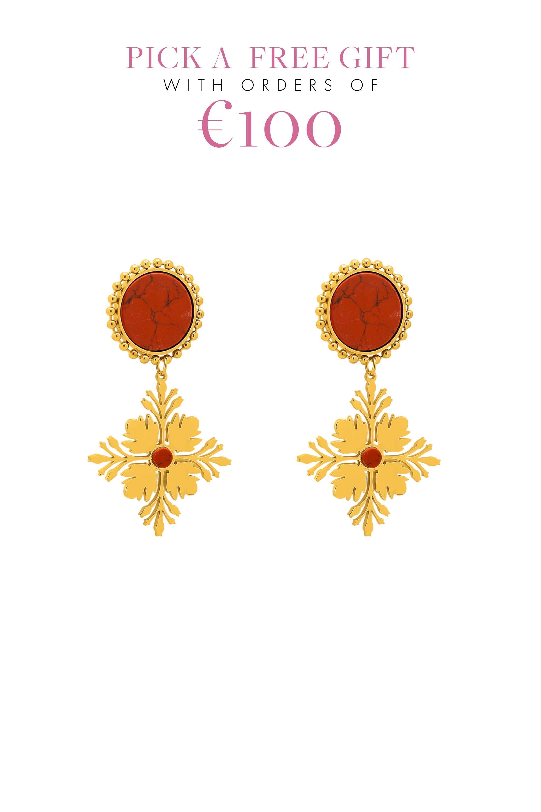 Maltese Tile Pattern Stud Earrings with Flame Stone