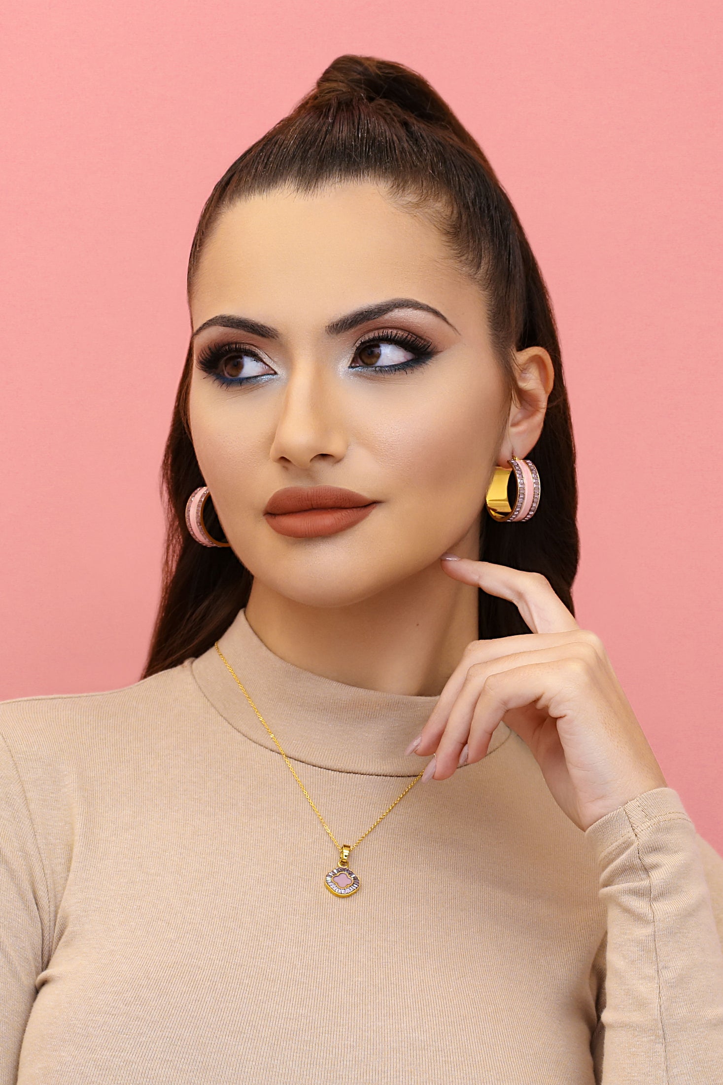 Faniello Pink Cat Eye Hoop Earring Set