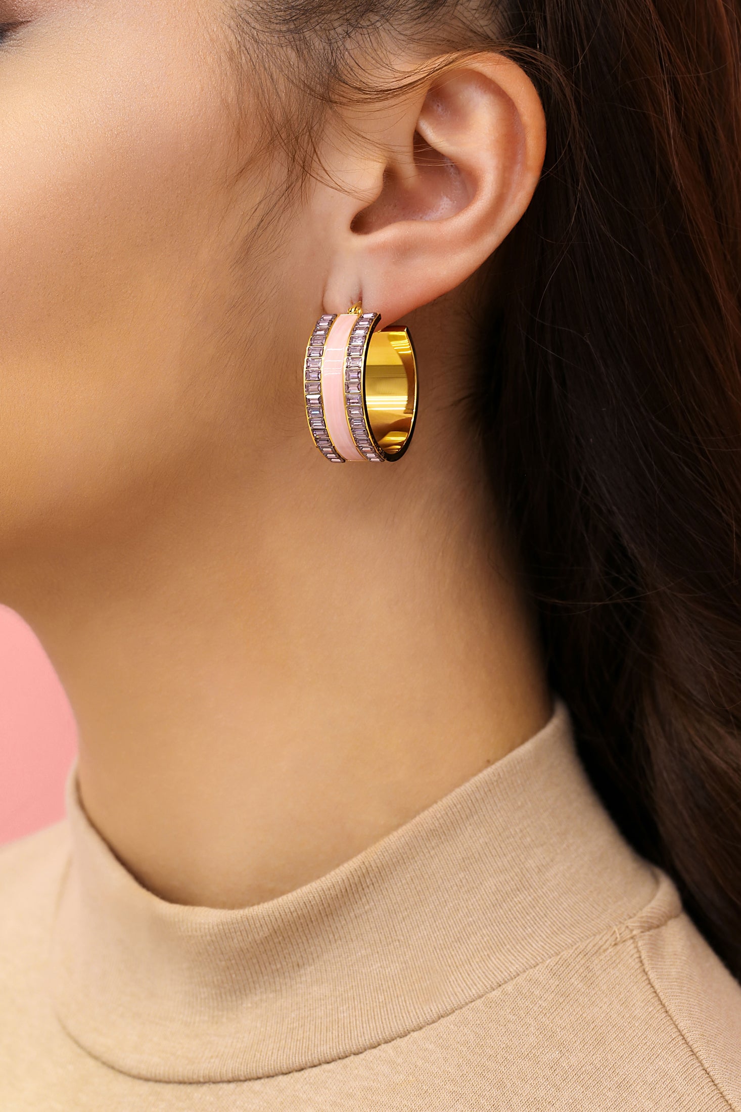 Faniello Pink Cat Eye Hoop Earring Set