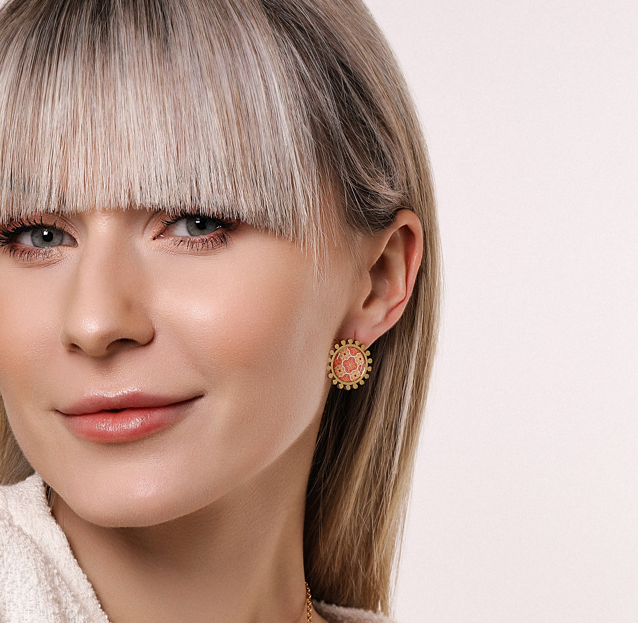 Maltese Tile Print Stud Earring Set - Red & Ochre