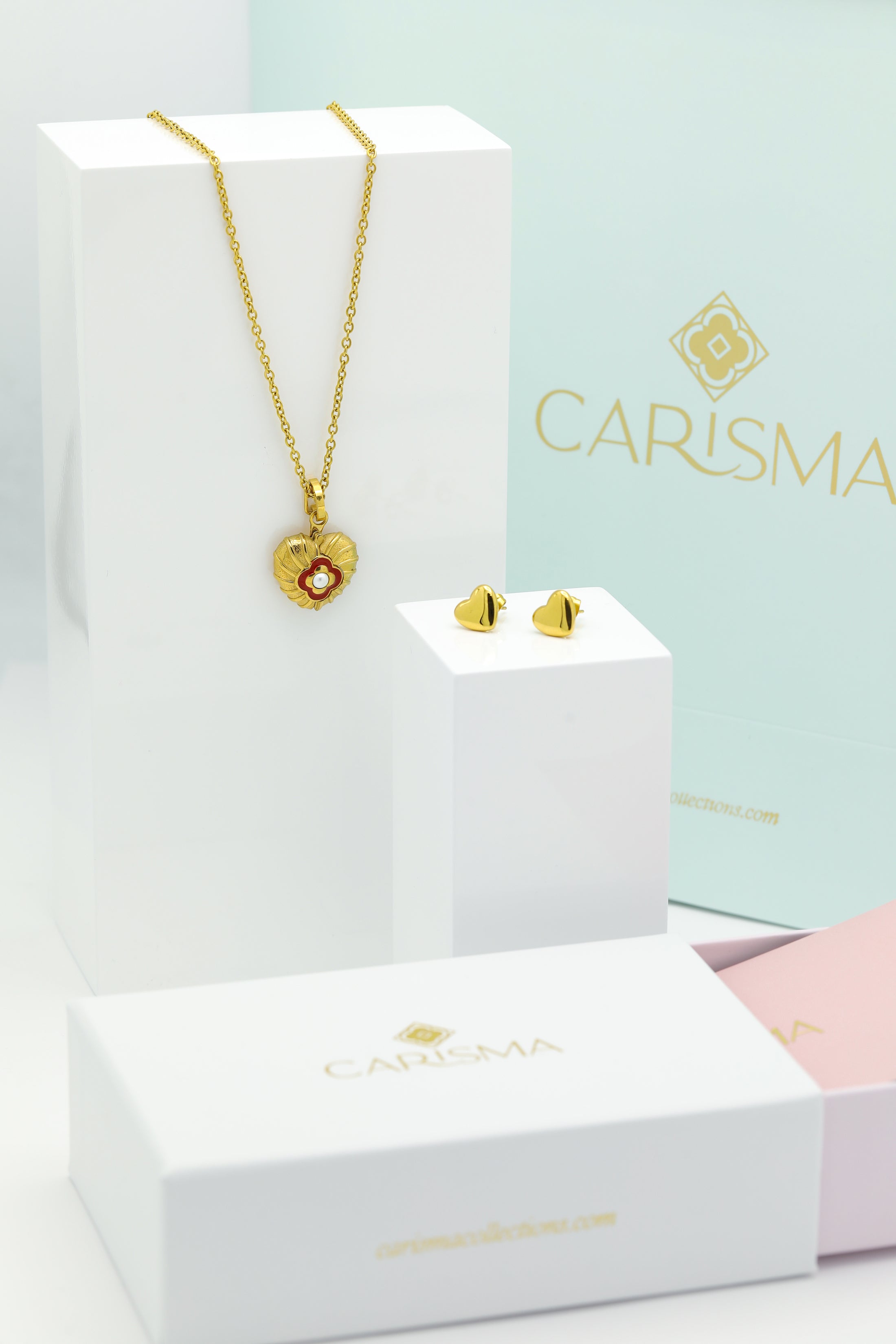 Red Heart Enamel Engravable Pendant & Heart of Gold Studs Gift Set