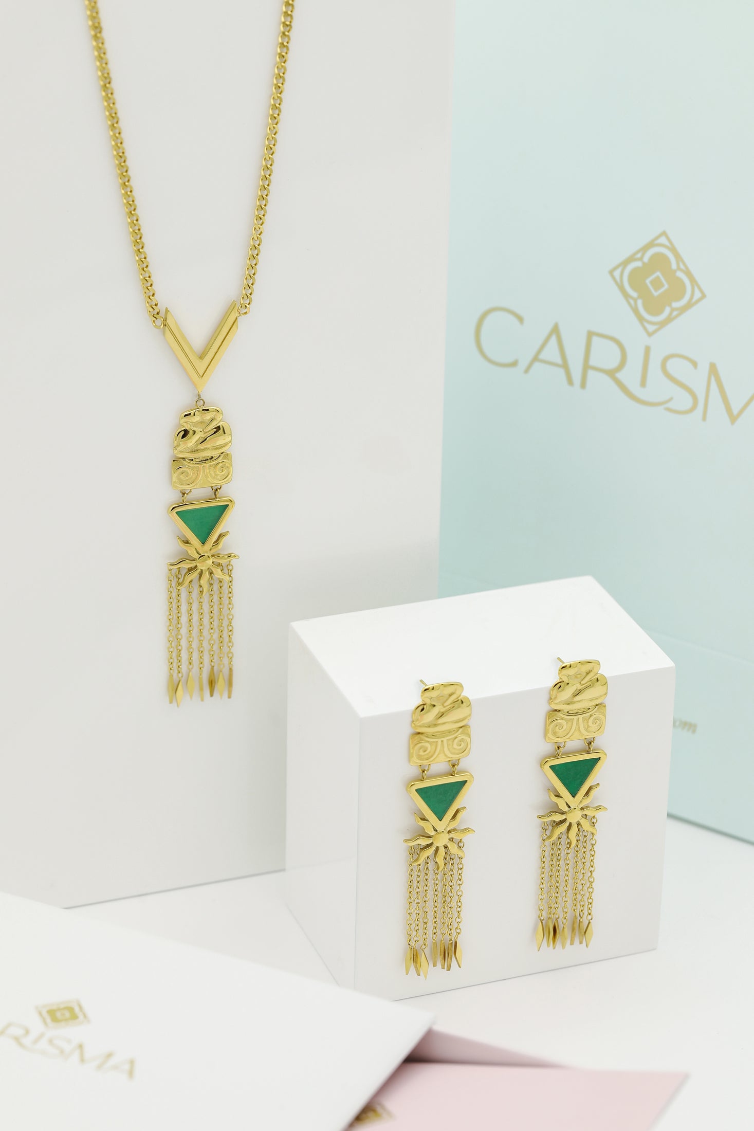 Neolithic Statement Green Enamel Necklace & Earrings Gift Set