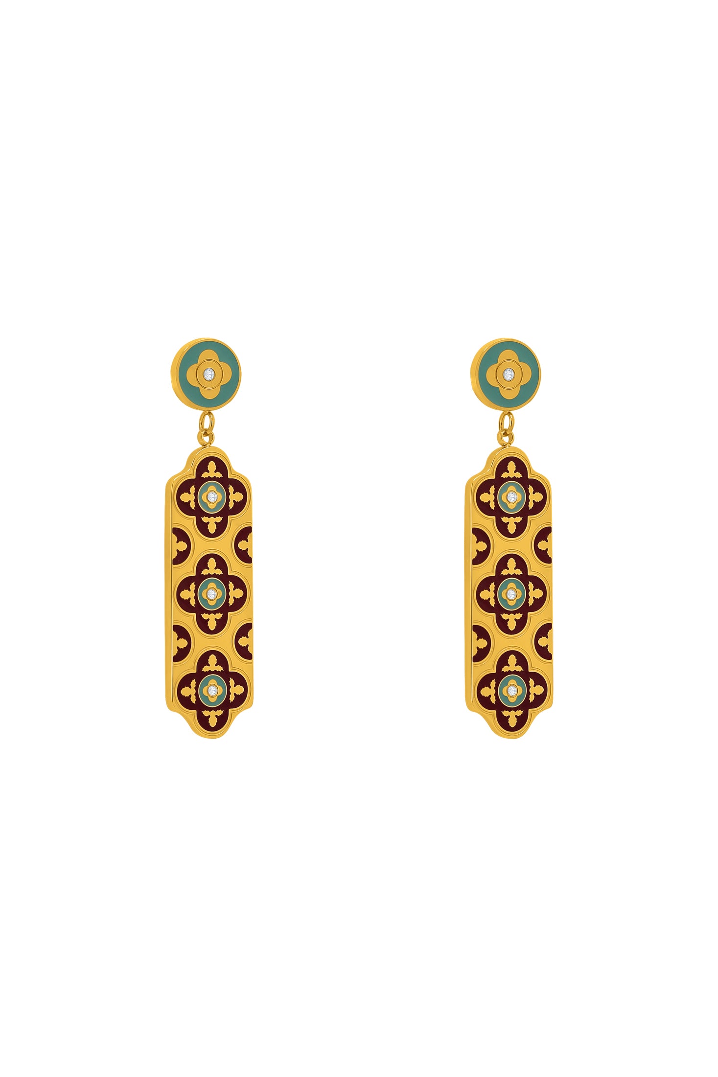 Lellux Teal & Burgundy Maltese Tile Drop Earrings