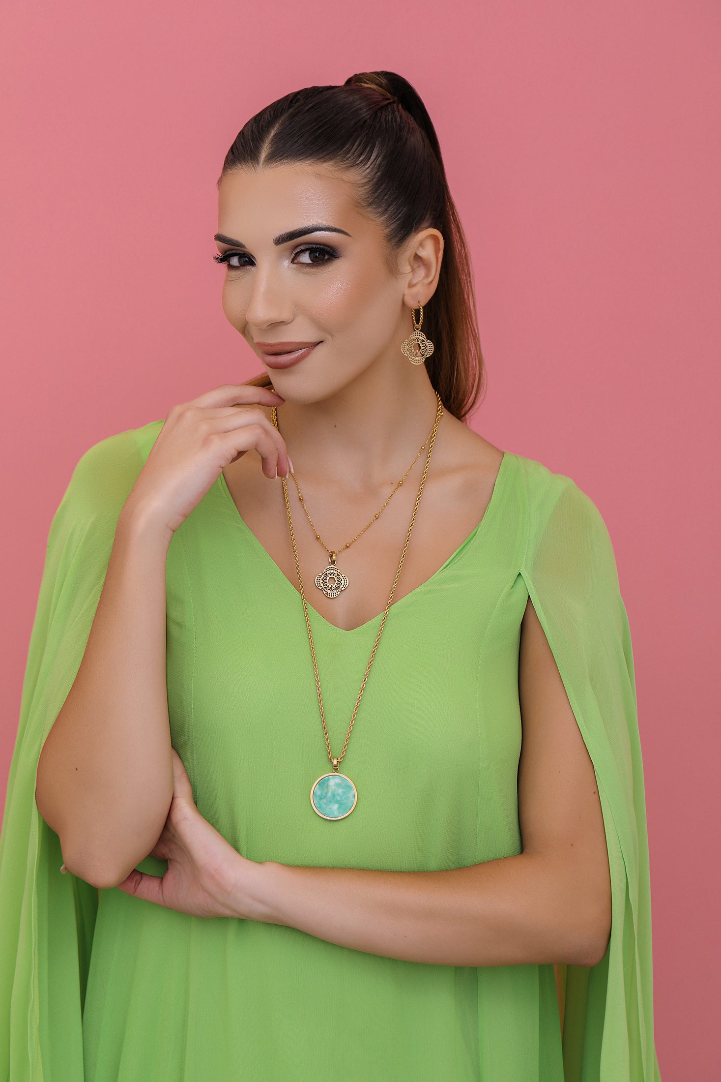 Green Marble Stone Pitted Edge Large Circle Pendant