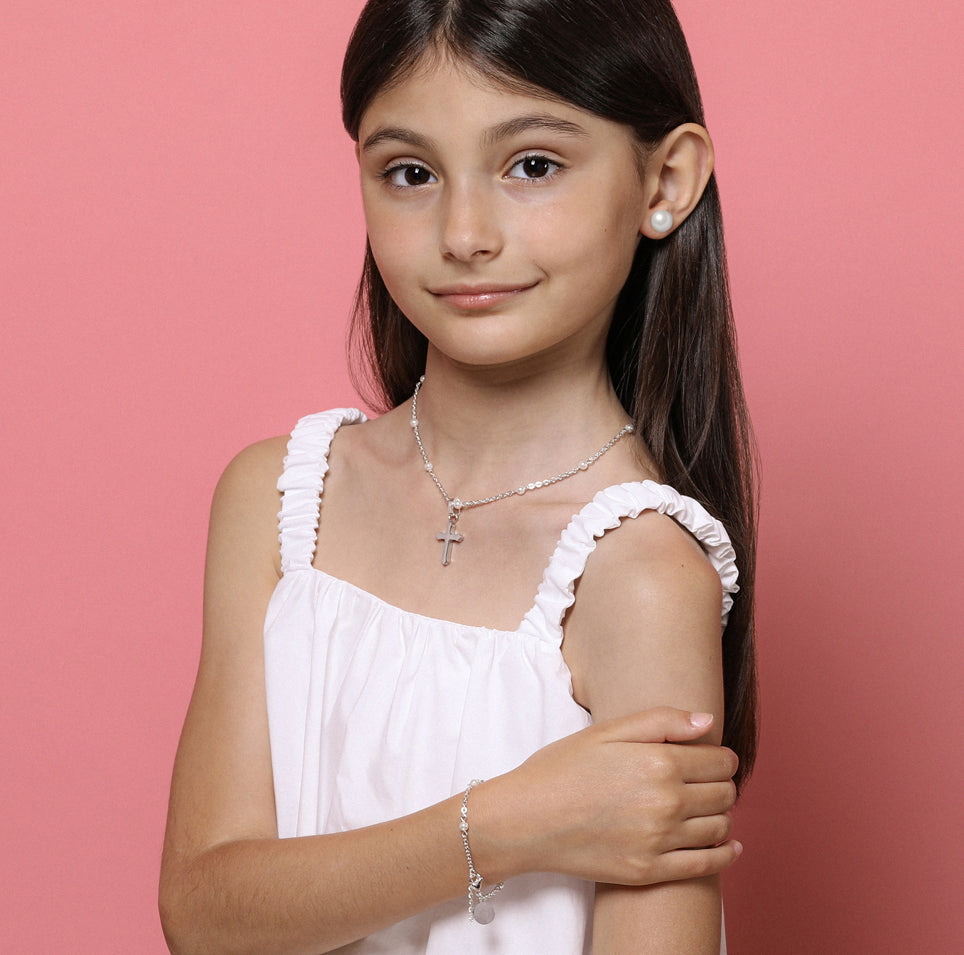 Silver Cross Pendant & Pearl Ball Chain Necklace