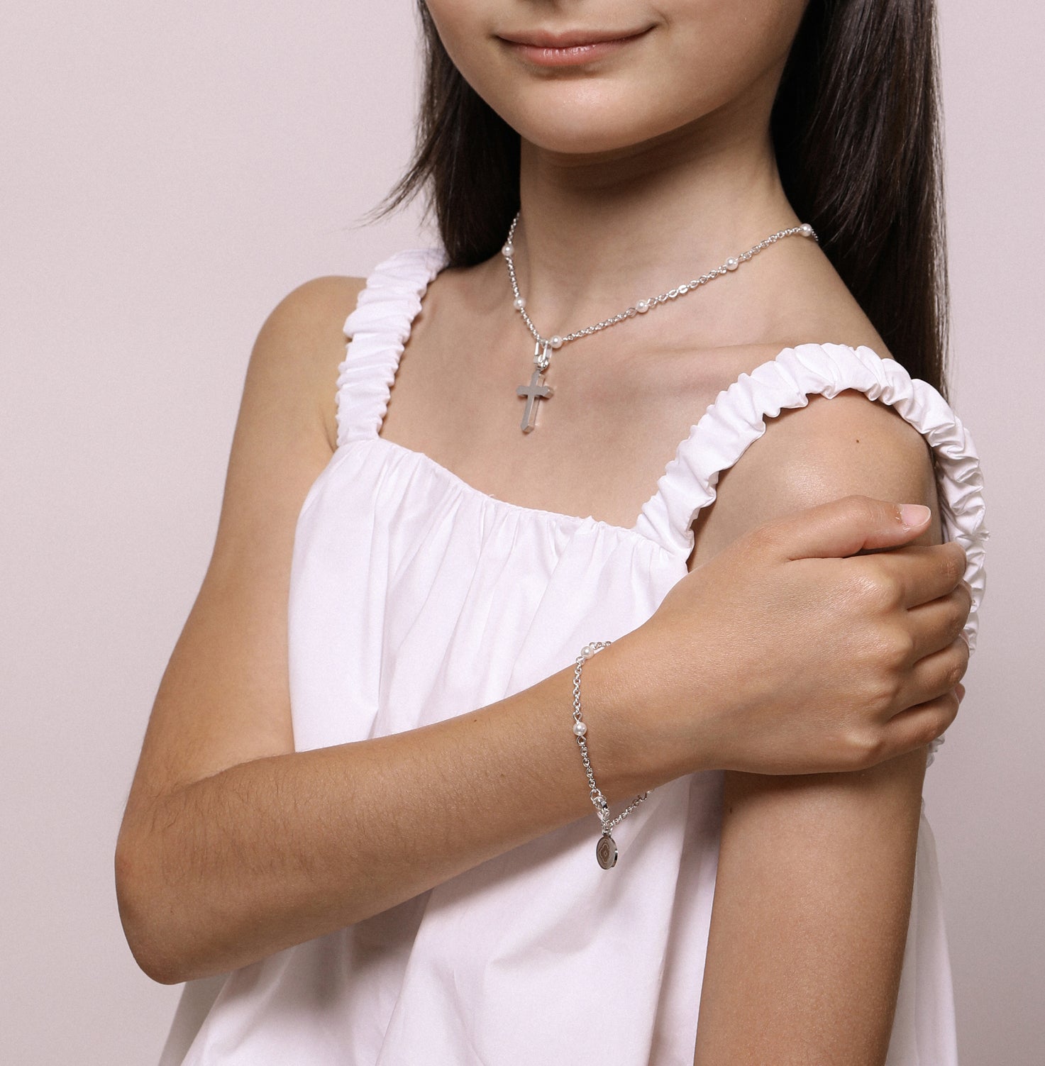 Silver Cross Pendant & Pearl Ball Chain Necklace