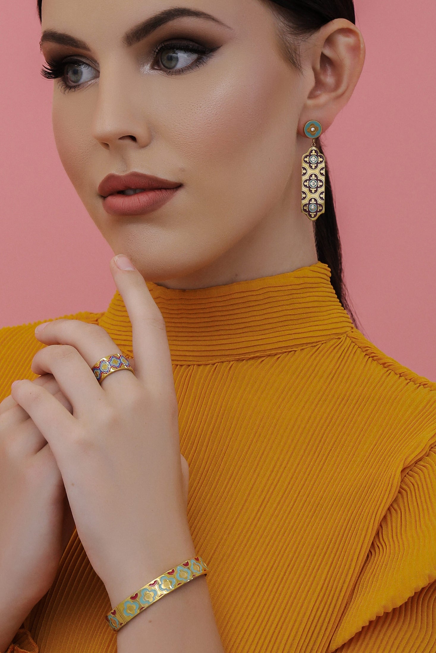 Lellux Teal & Burgundy Maltese Tile Drop Earrings